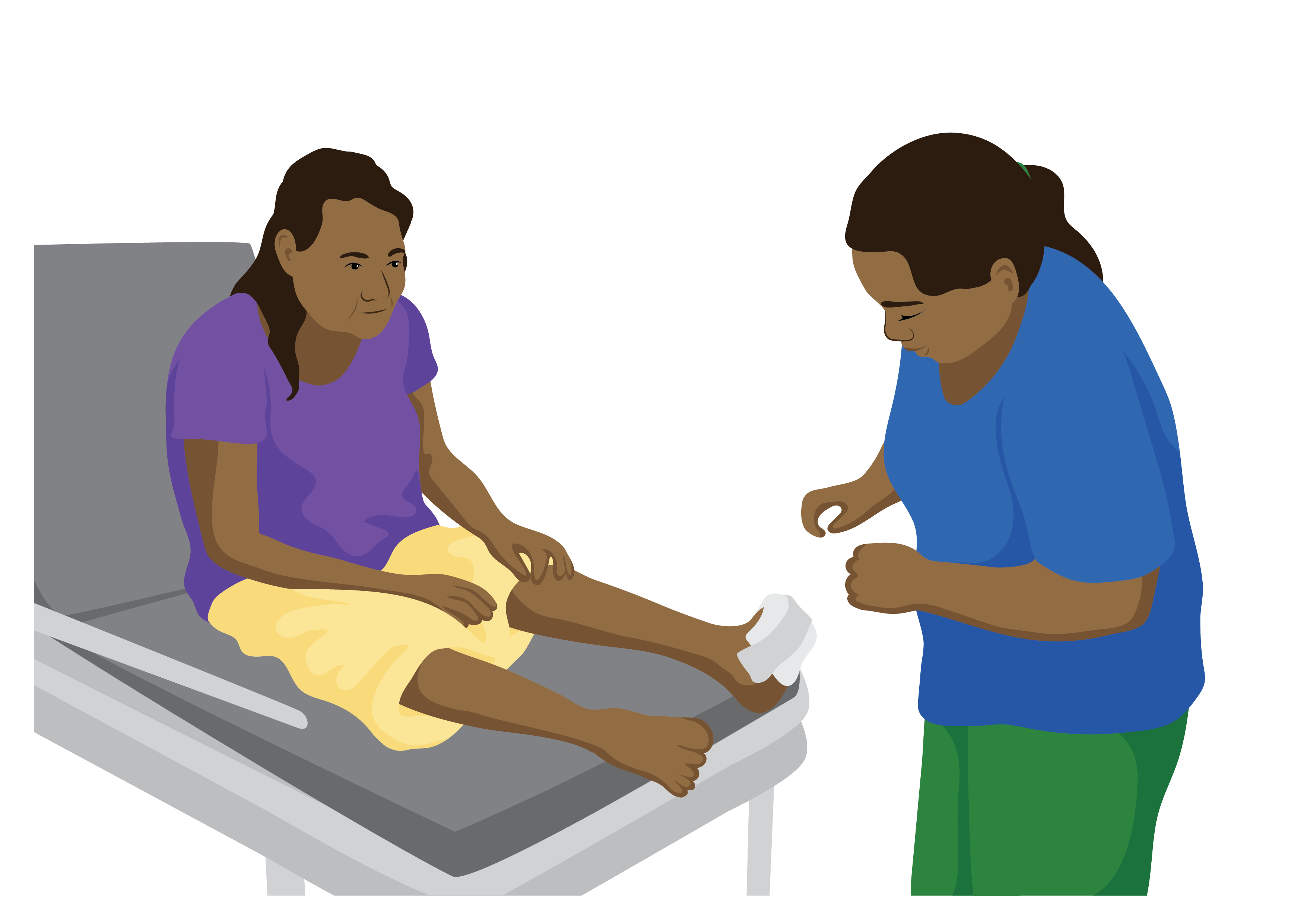 Ruby sits on a clinic bed with her feet stretched in front of her. A service provider examines her feet.