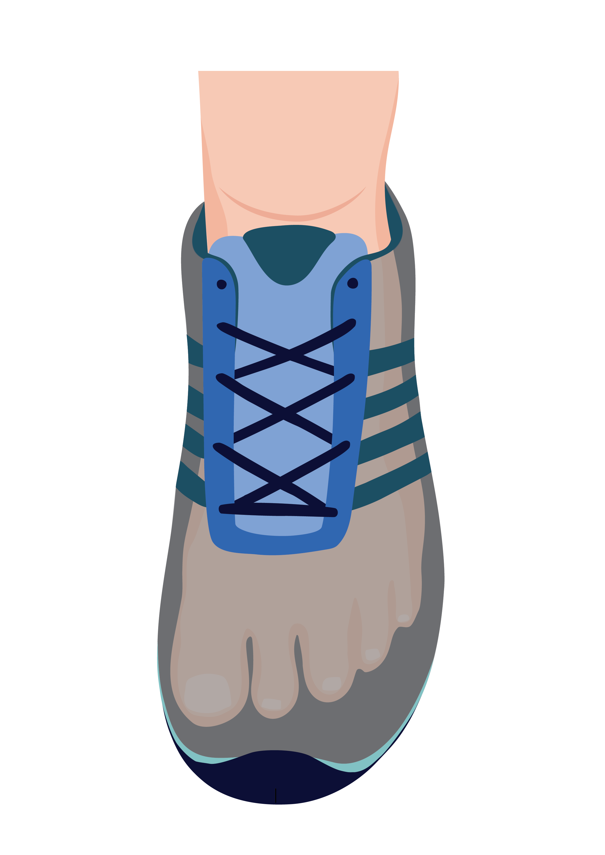 A foot inside a shoe shown from the top. The shoe is see through and we can see the space between the toes and the end of the shoe.