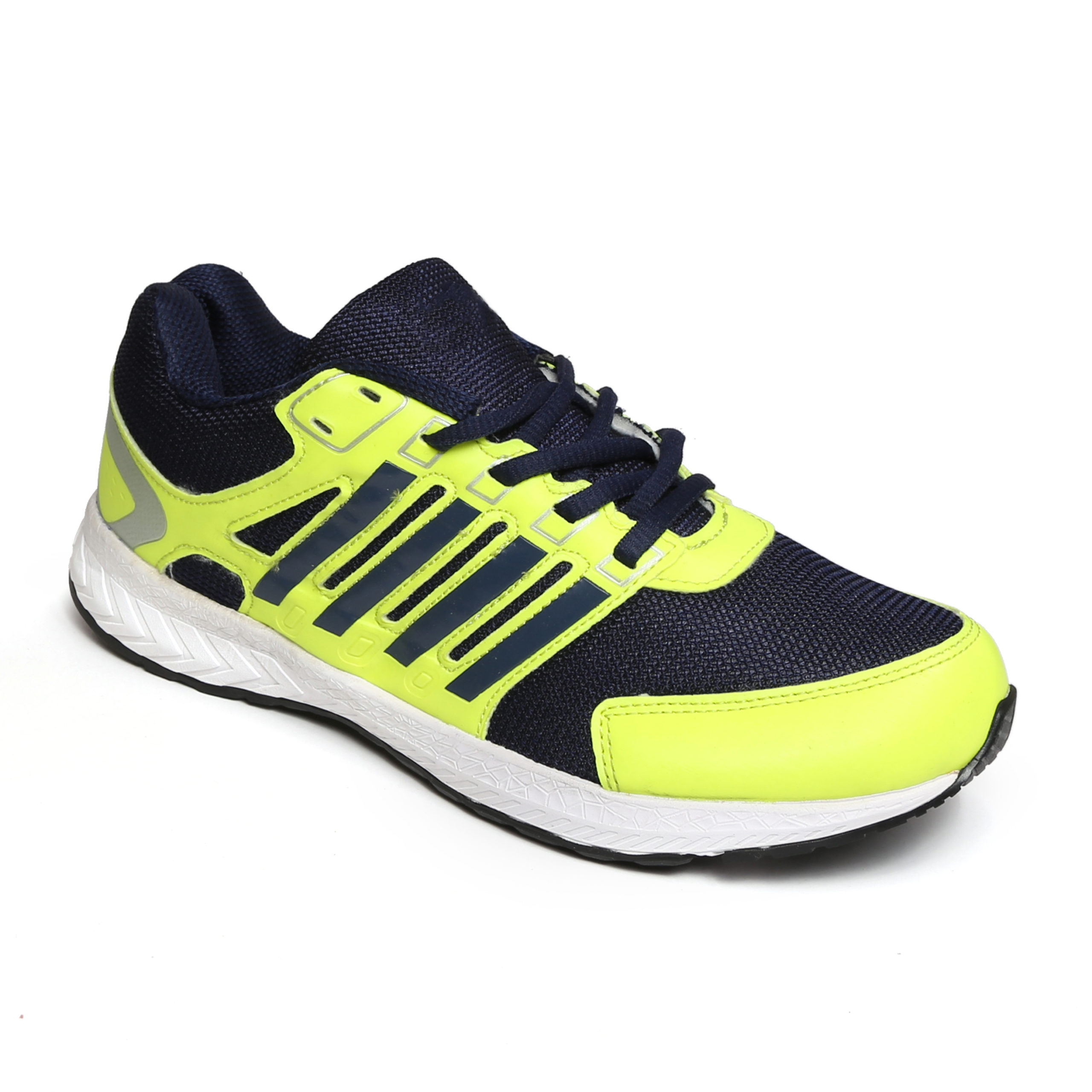 A sports shoe with laces up the front, a sturdy, flat base and support for the heel.