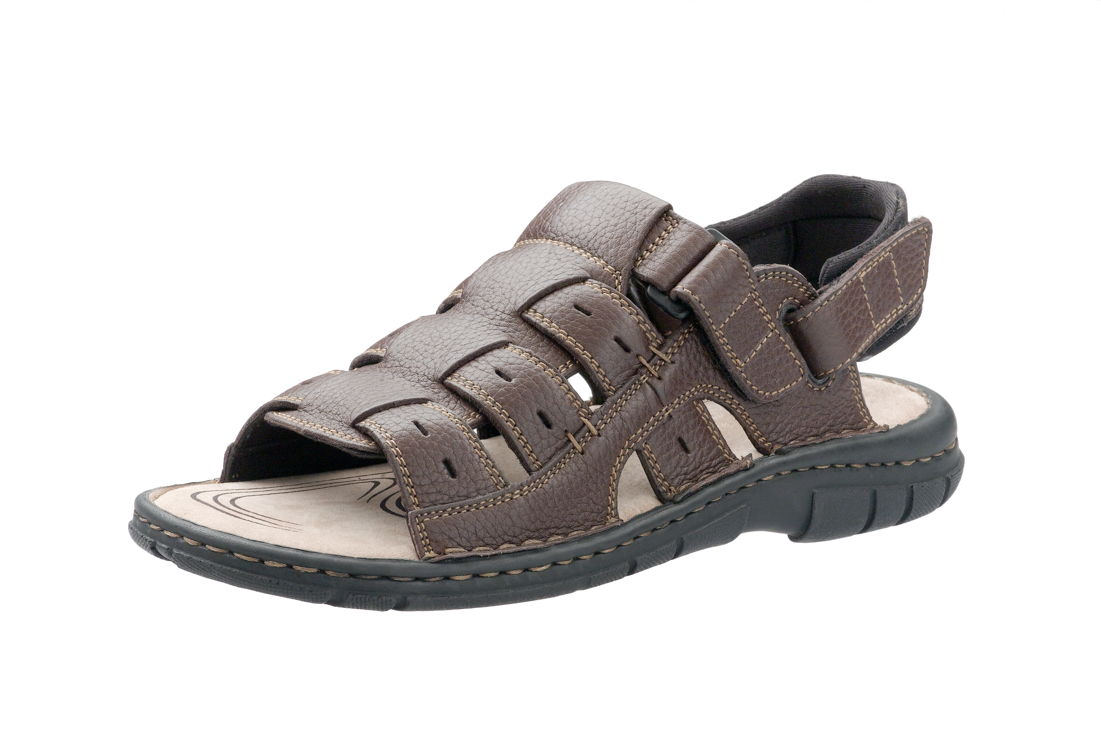 A flat sandal with a thick base shaped to support the foot. Adjustable straps can fit around the front, ankle and back of the foot. The toe space is open and wide.