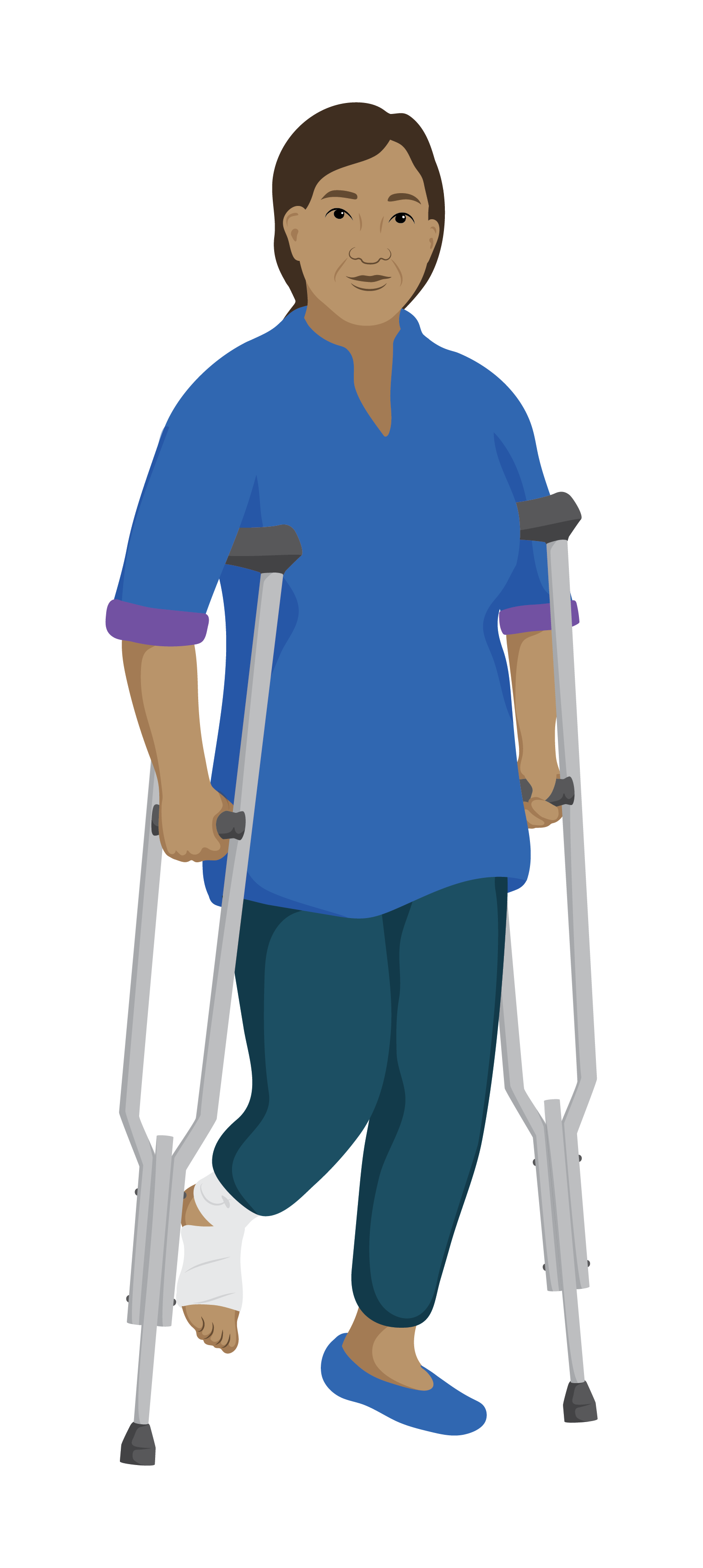 A woman with a bandaged foot using axilla crutches to walk.
