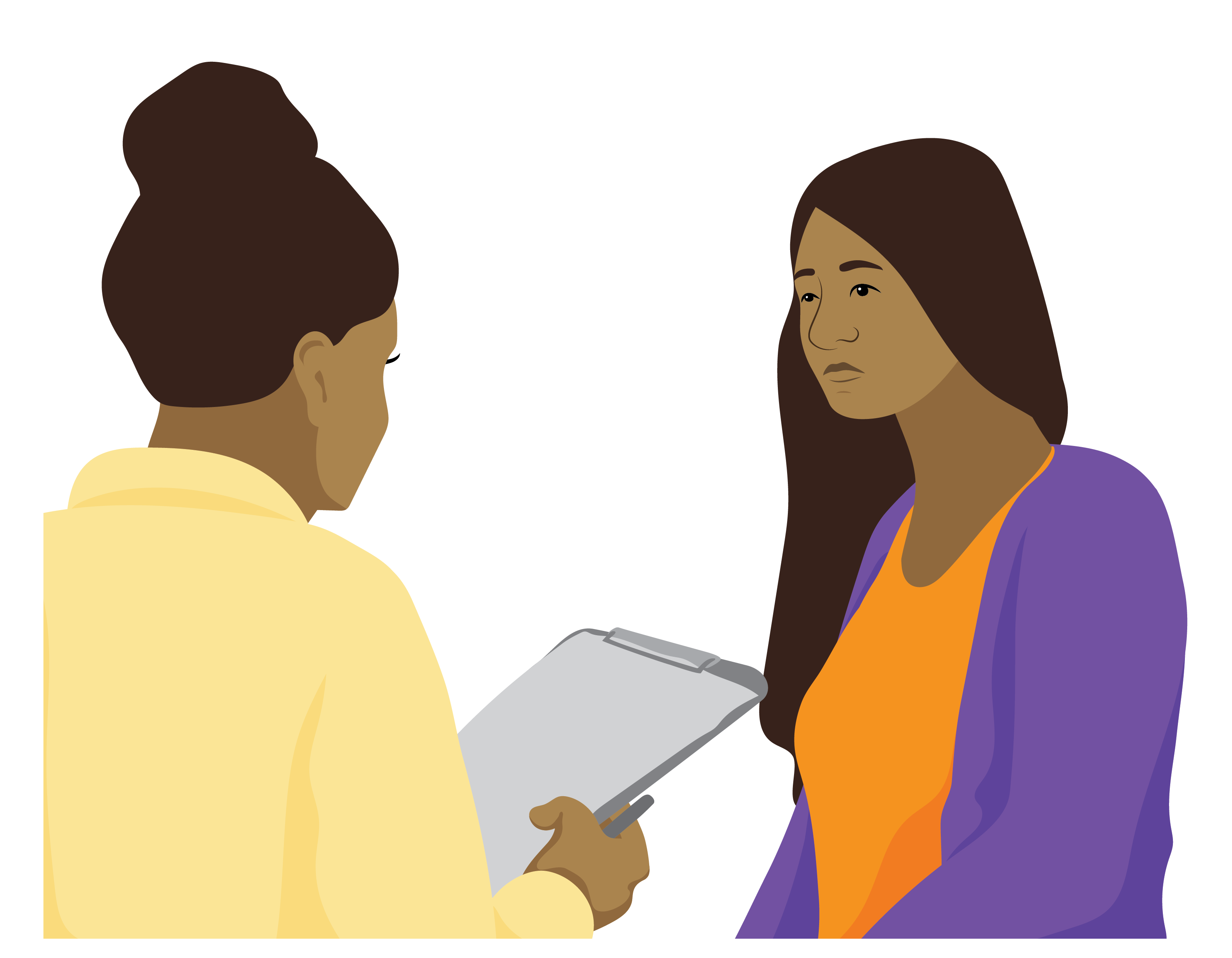 Lola, a woman, speaks to another woman holding a clipboard and pen.