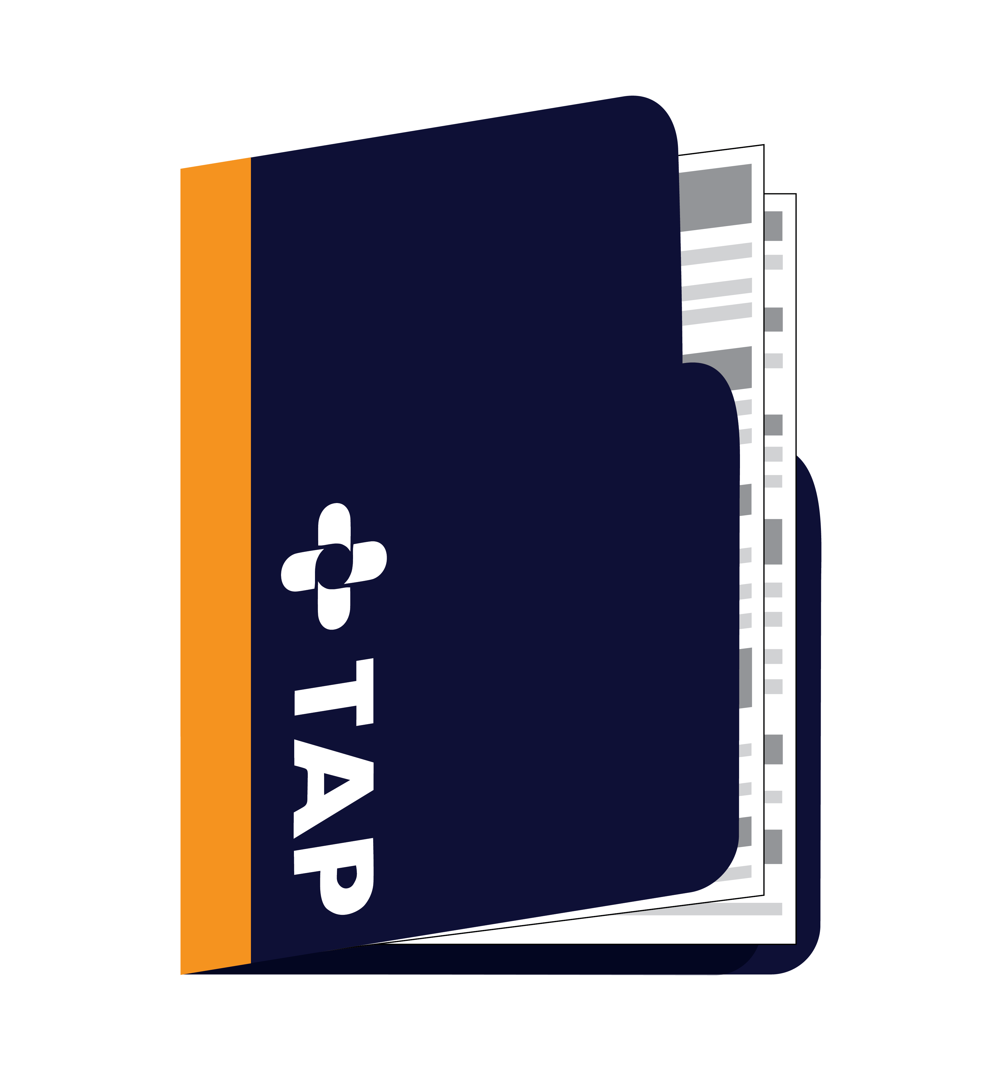 A few documents are gathered and stored in a TAP branded folder.