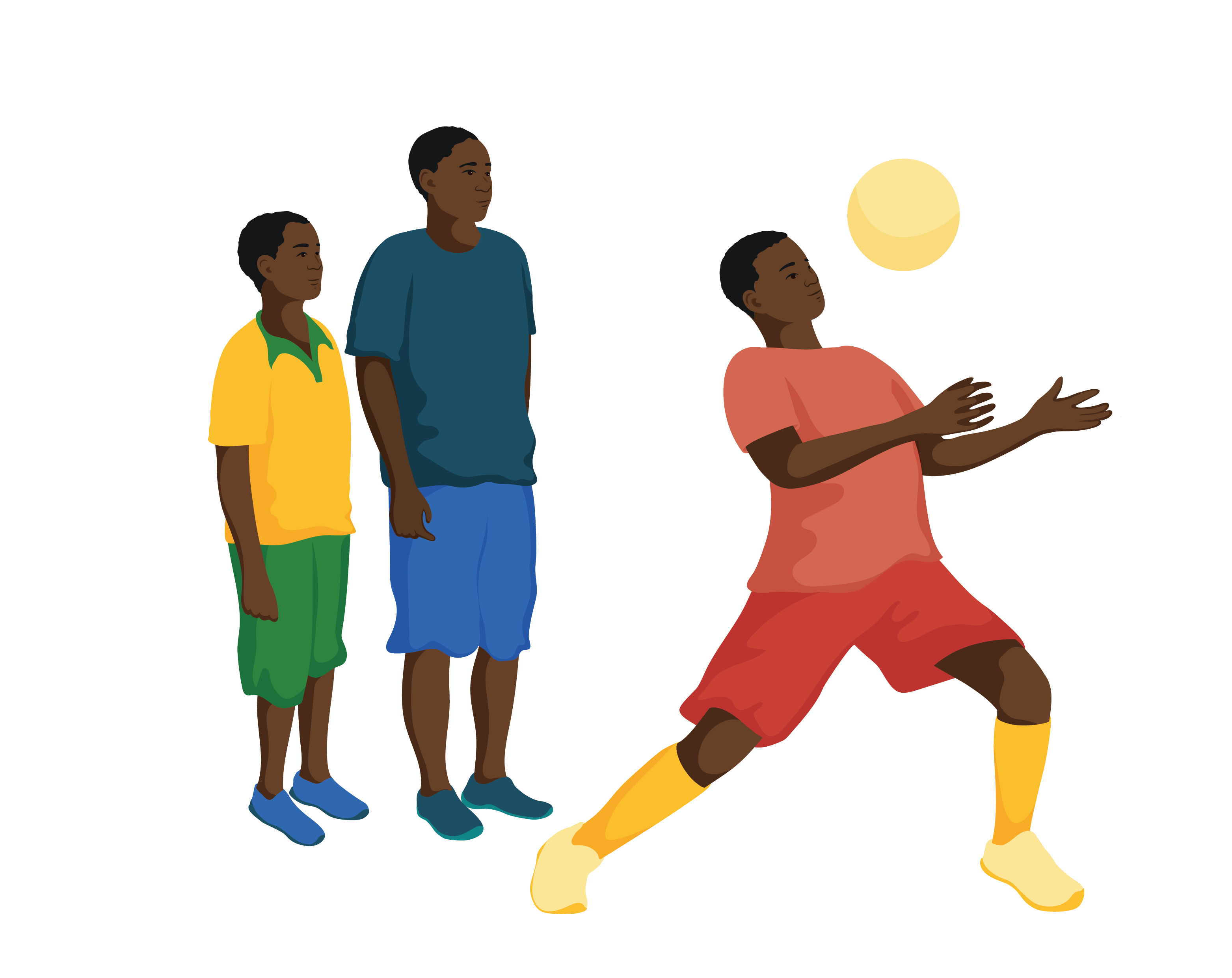 A young boy in a sports uniform performs a trick with a football while his two friends watch from behind him.