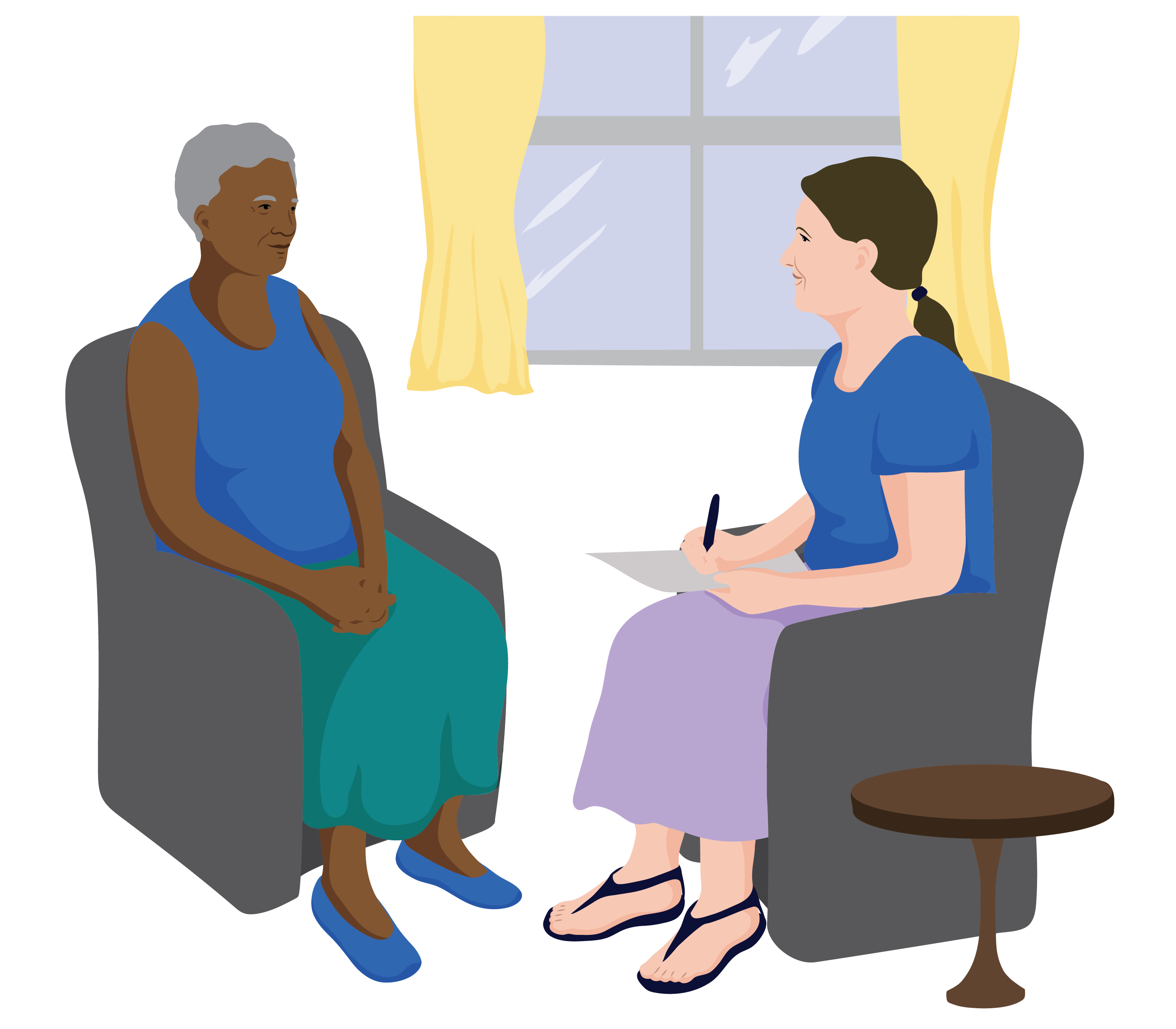 An older woman sits in an armchair in front of a window. Another woman with a clipboard and pen sits accross from her, smiling at her warmly.