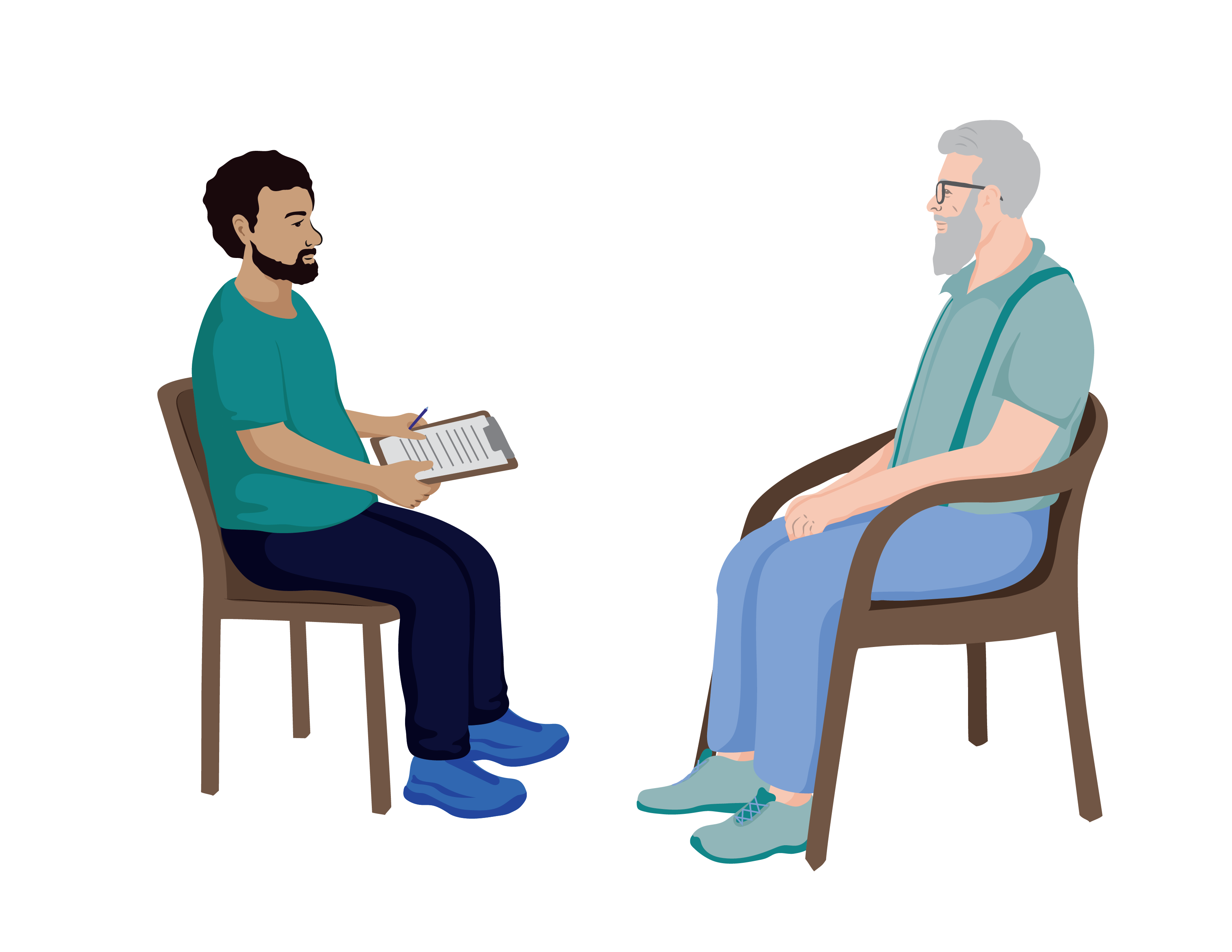 Ben and his health worker sit in chairs facing each other, talking.