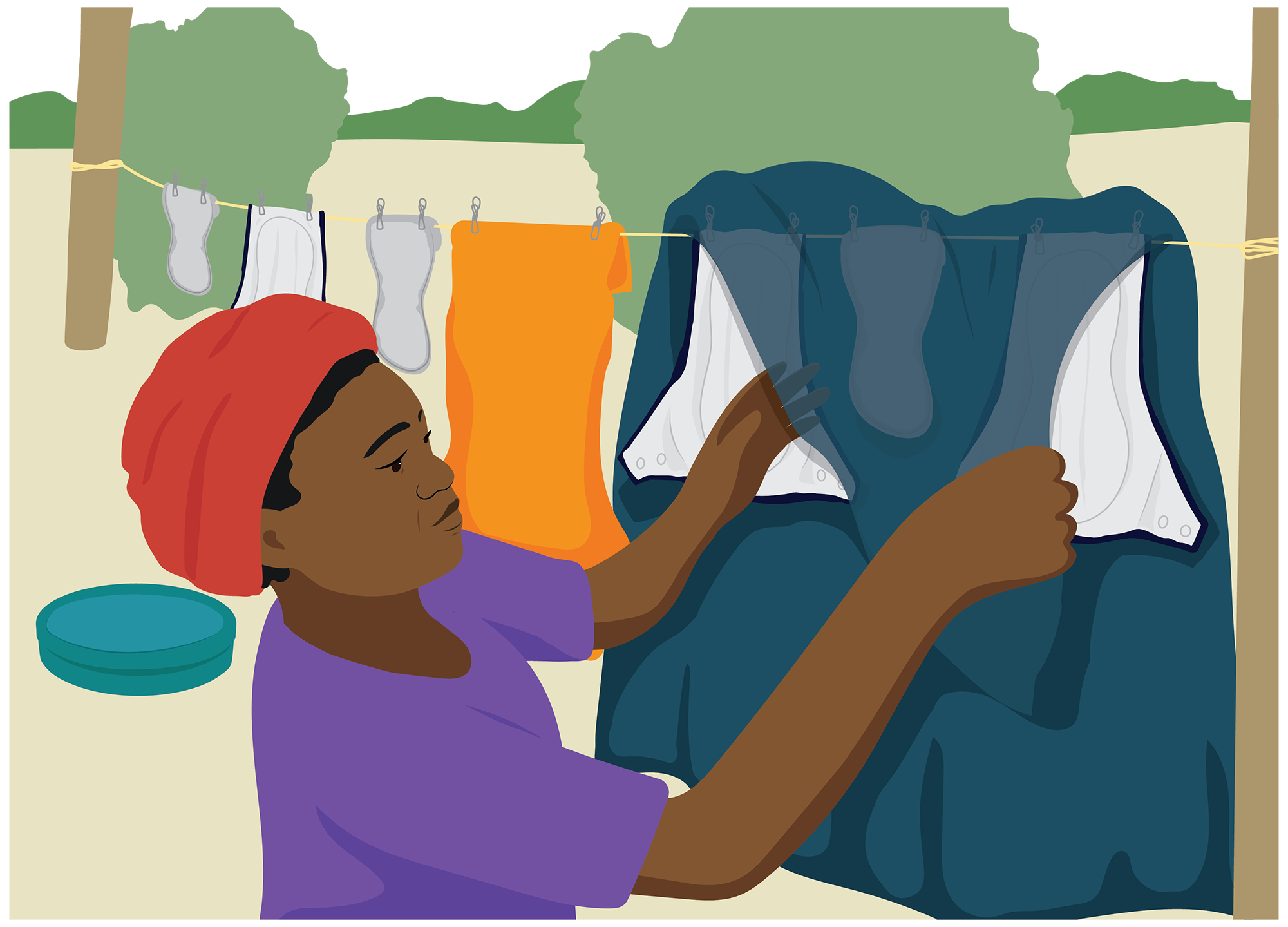 Zora hangs out her absorbent products on a clothes line with her washing. She puts a thin cloth over the products to cover them from view.