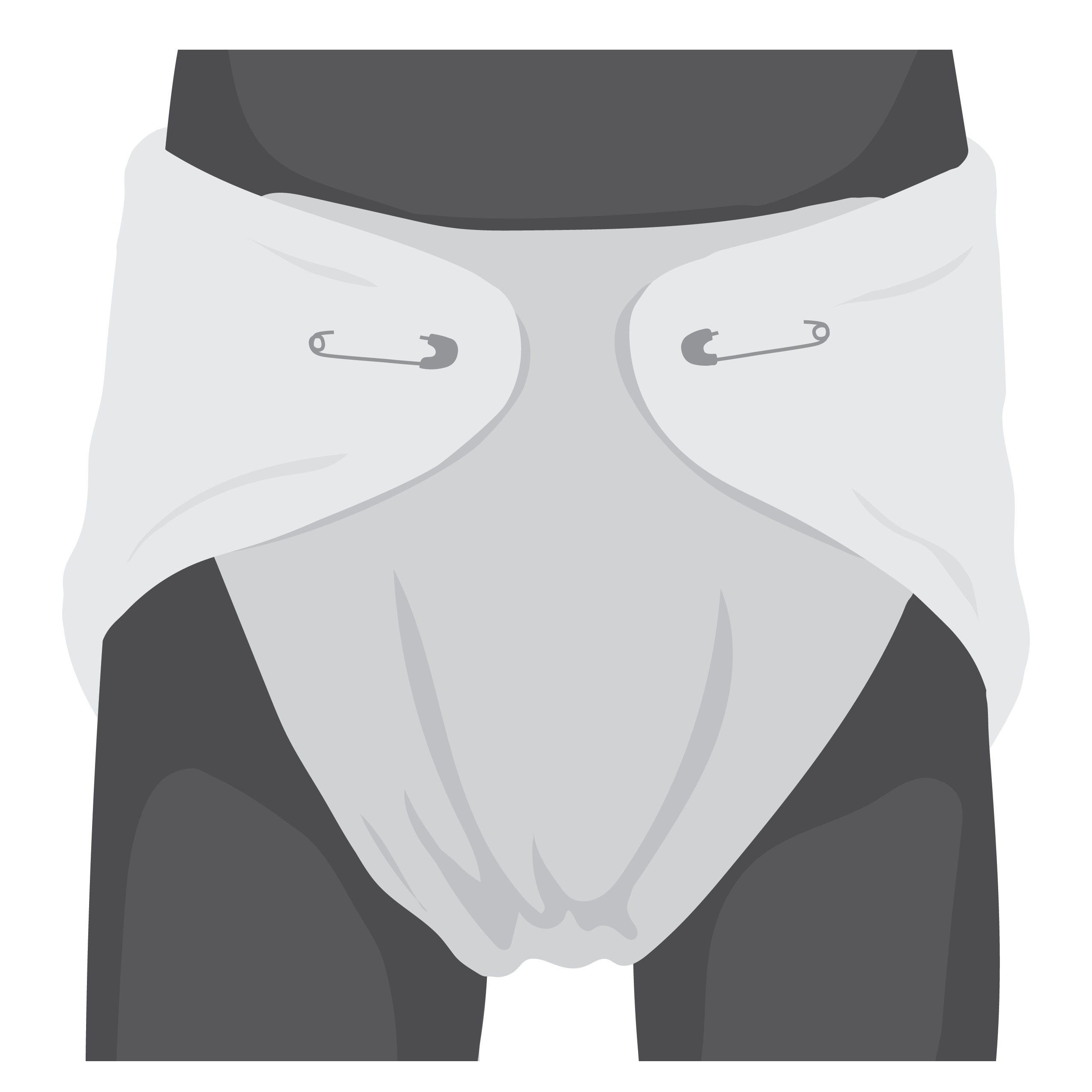 One piece of fabric folded around a person’s waist and hips and fastened in place with pins.