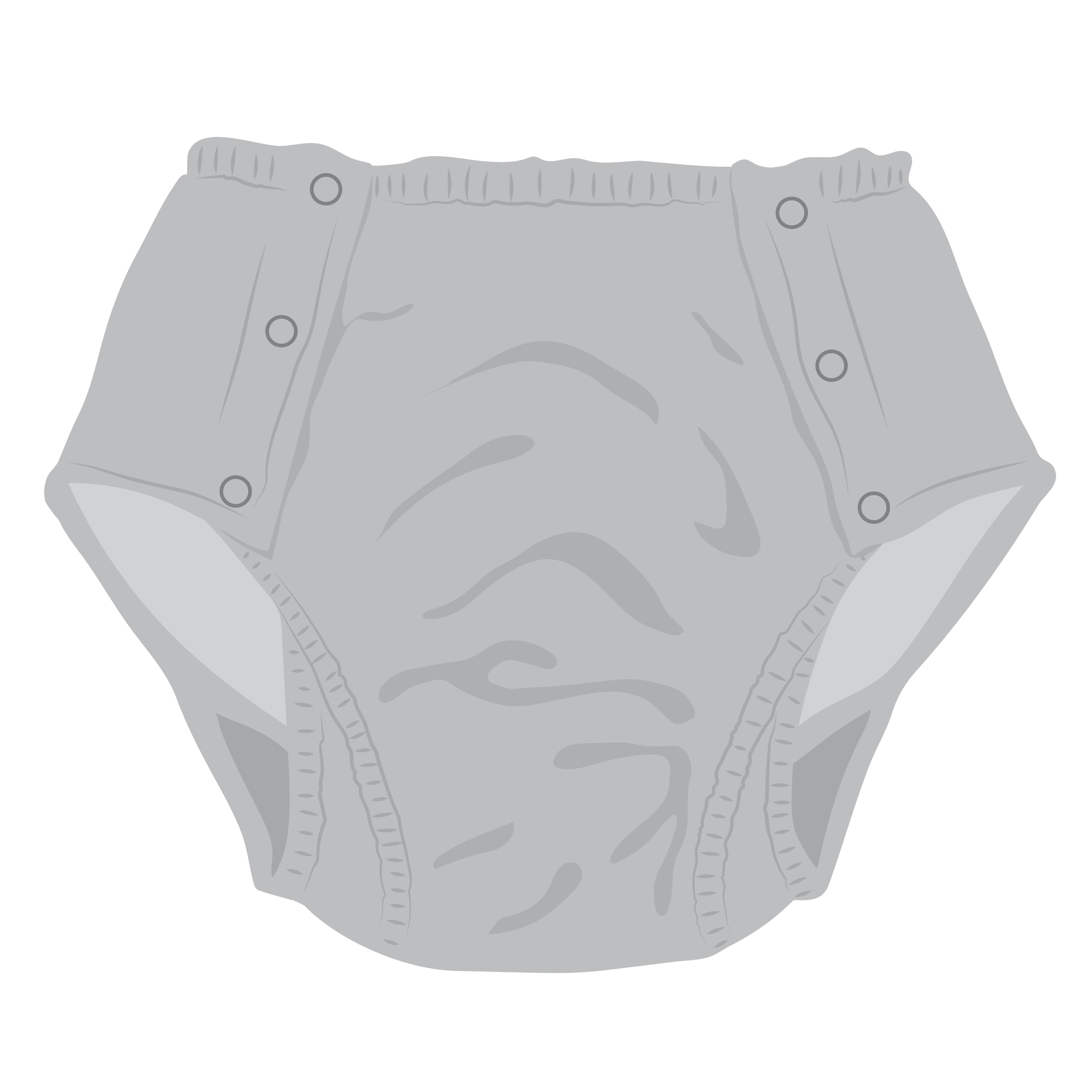 A pair of washable pants with absorbant layer sewn in. It has fasteners on the front and elastic around the legs and waist.