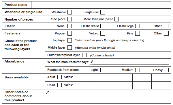 The absorbent products description form.