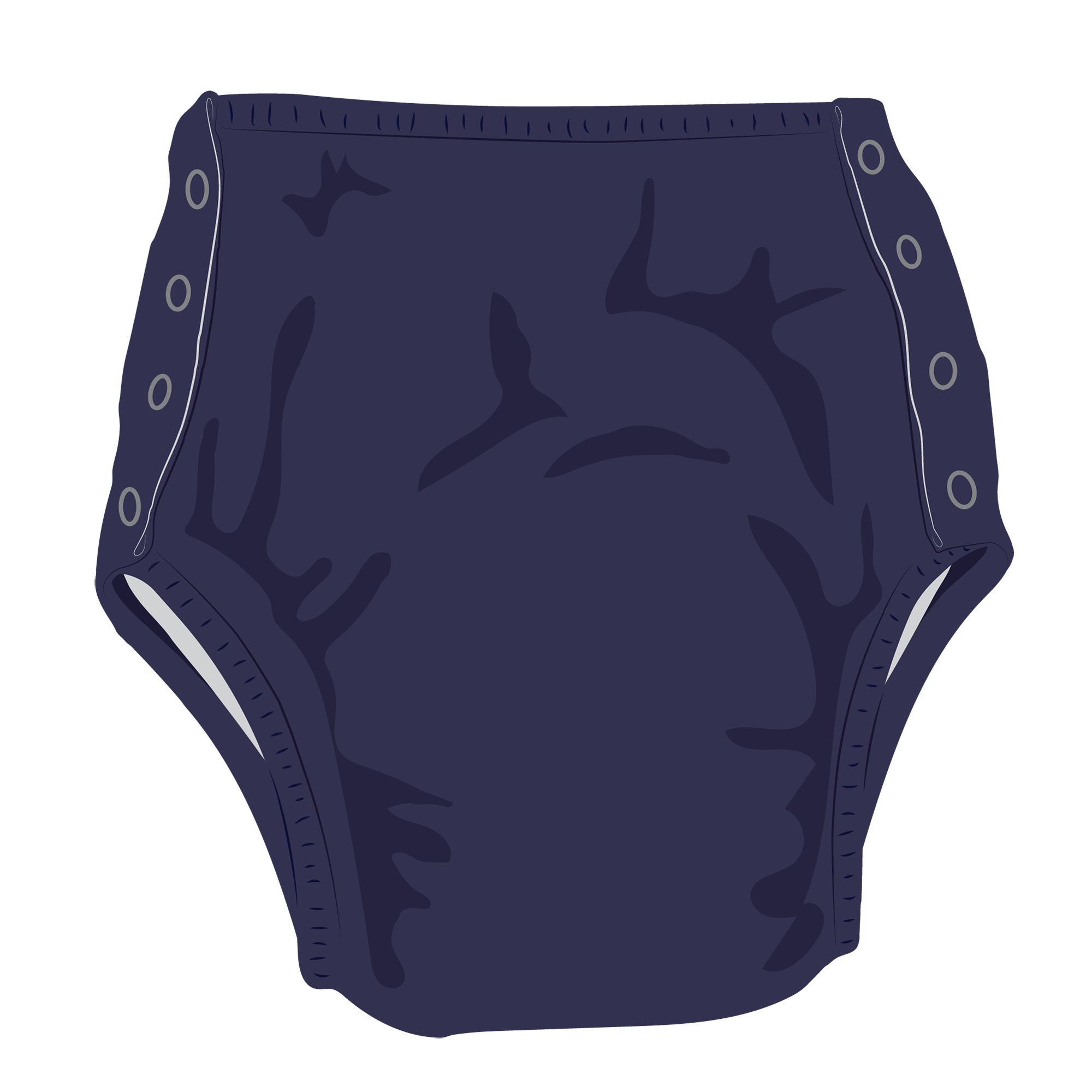 Waterproof outer layer with elastic waist and legs. Done up with popper fasteners.
