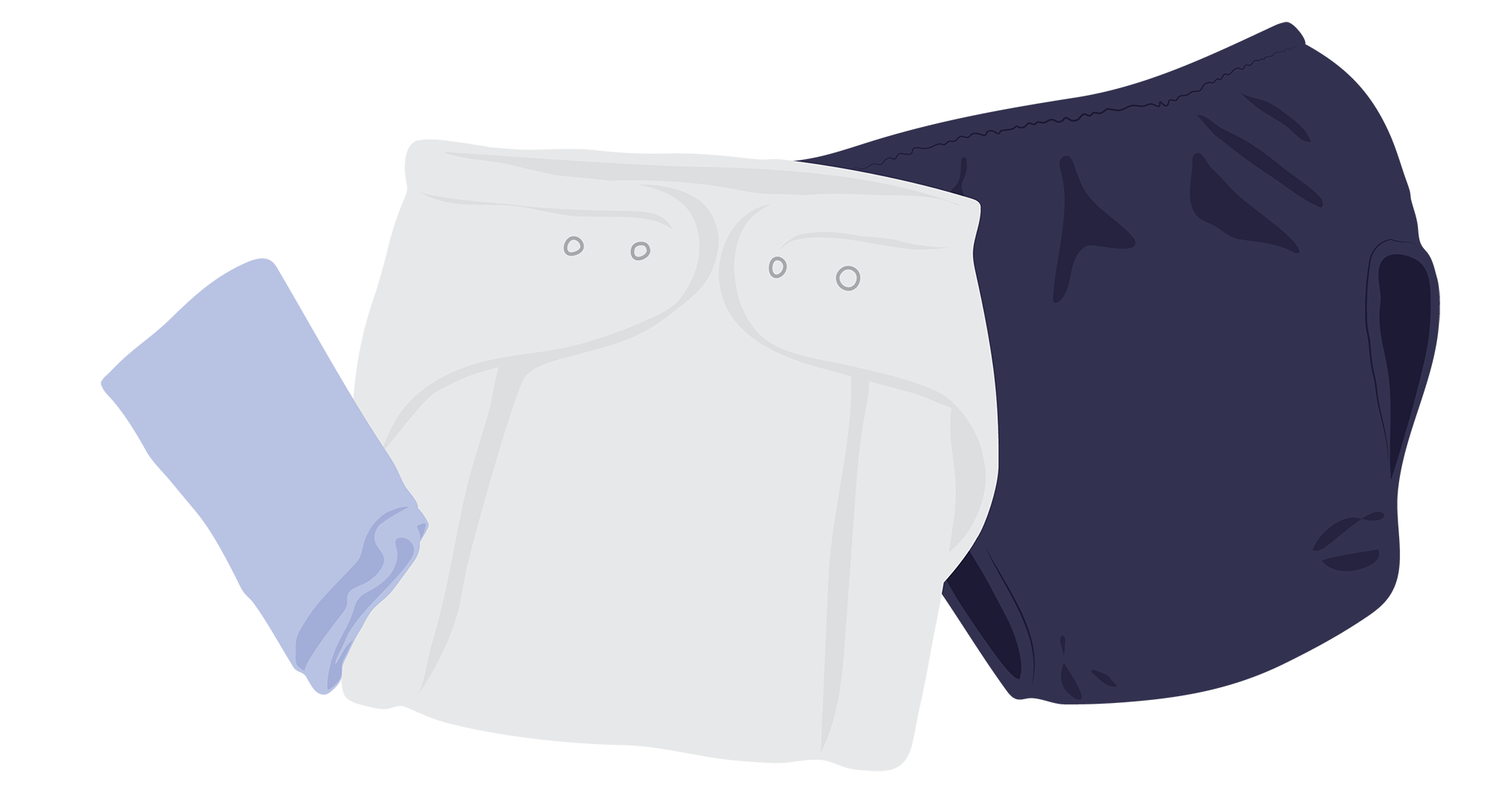 Washable three piece product including light blue top layer, shaped white absorbent layer and blue waterproof pant.