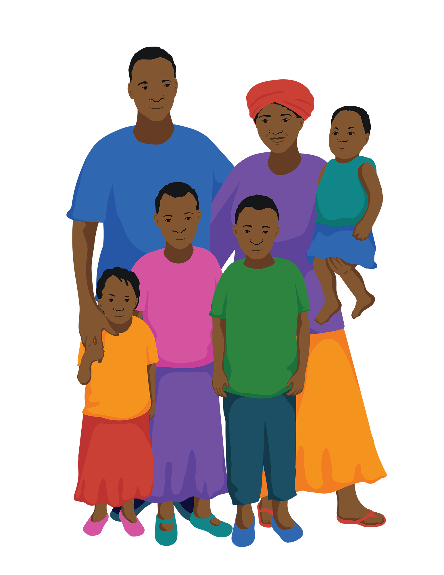 A woman and man stand with four children. The woman is carrying the youngest child.