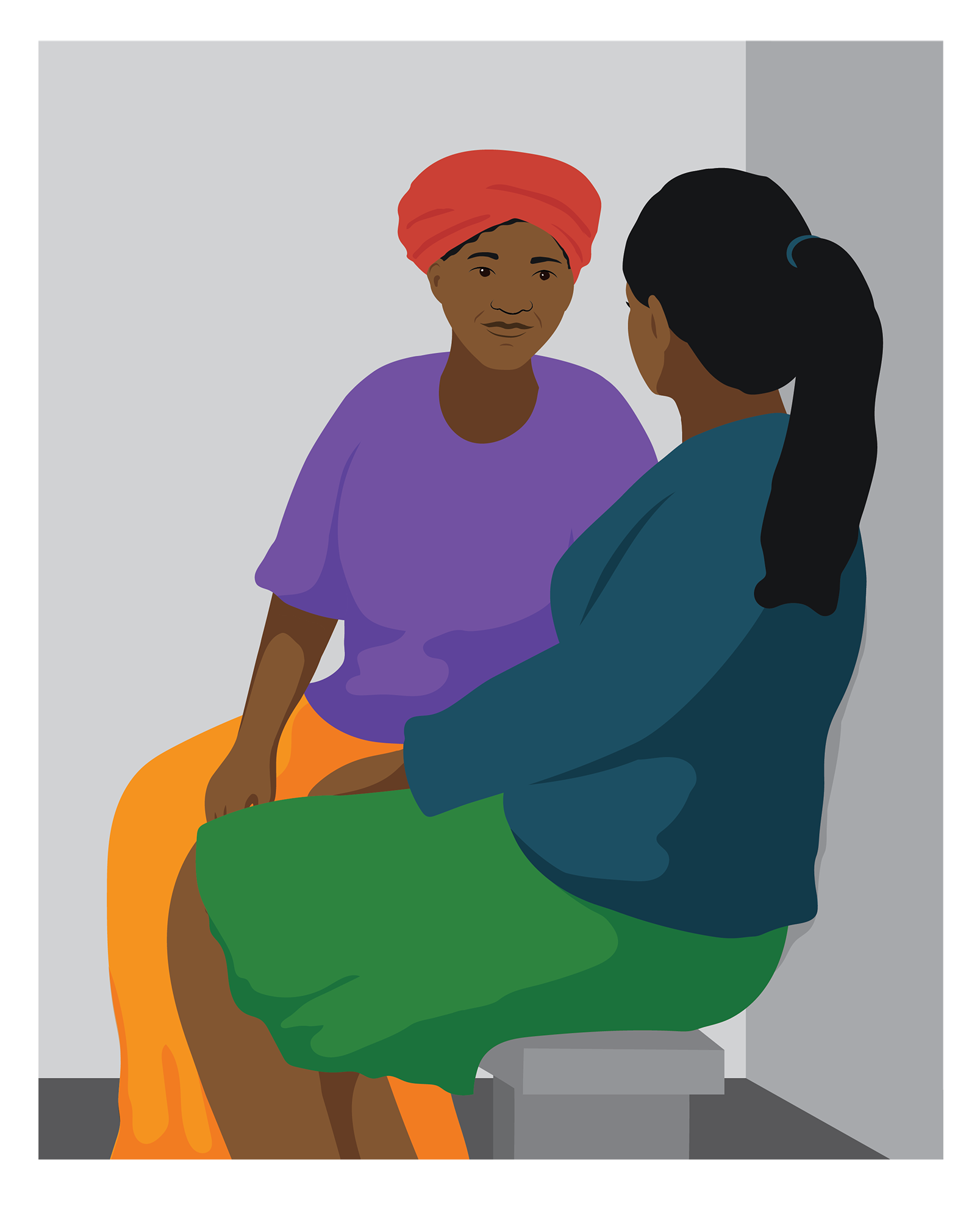 Zora and her health worker sit facing each other on the same bench in a private corner of the room.