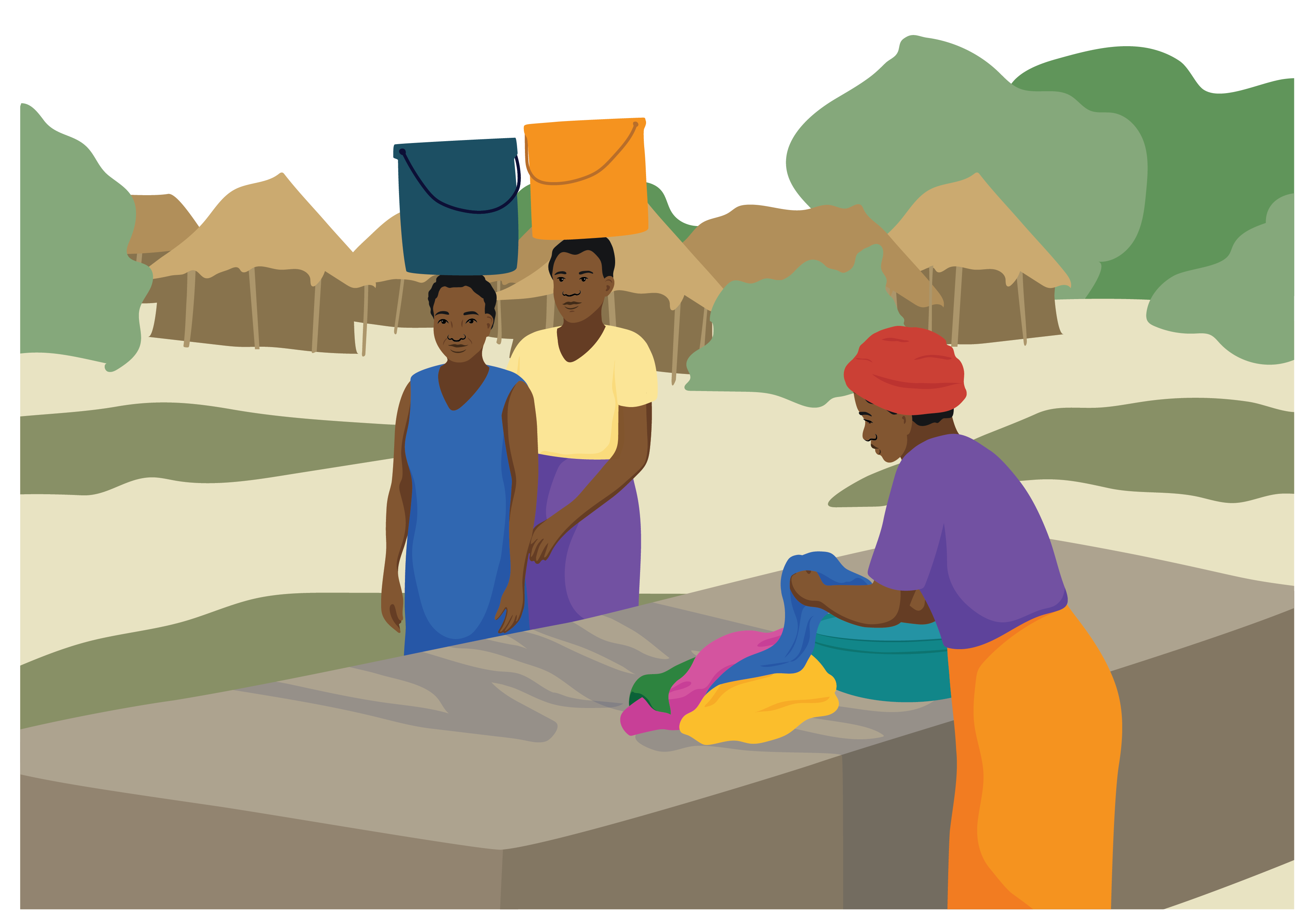 Zora does her washing in a public space. Two women carrying buckets on their heads walk nearby.
