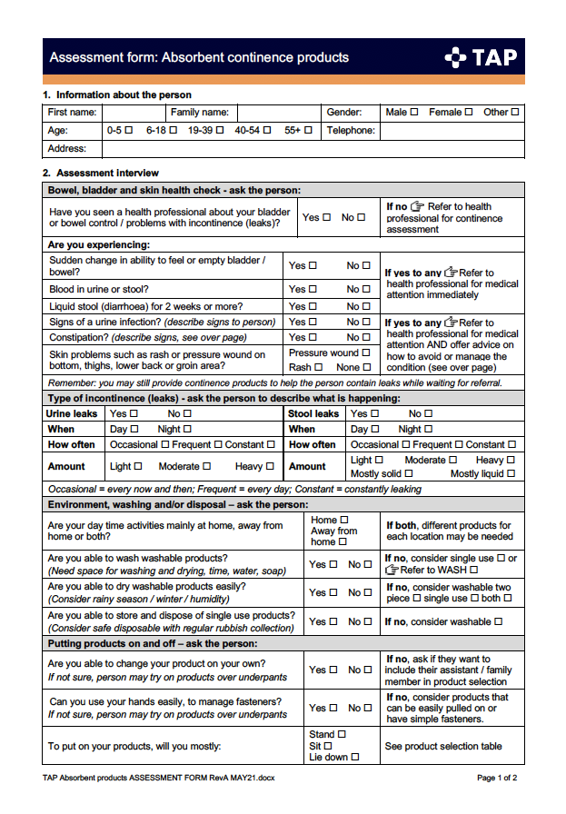 TAP Absorbent products assessment form page one.