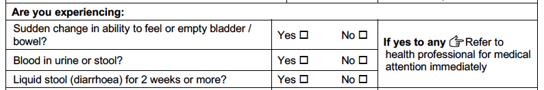 Change in ability, blood, and liquid stool section of the form.