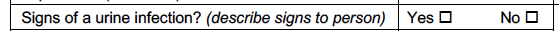 Signs of a urine infection section of the form.