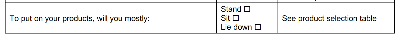 Stand, sit or lie down section of the form.