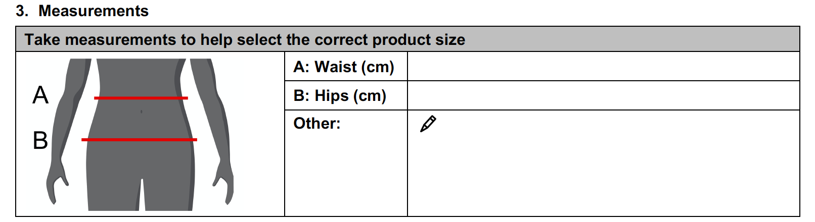 Measurements section of the assessment form.