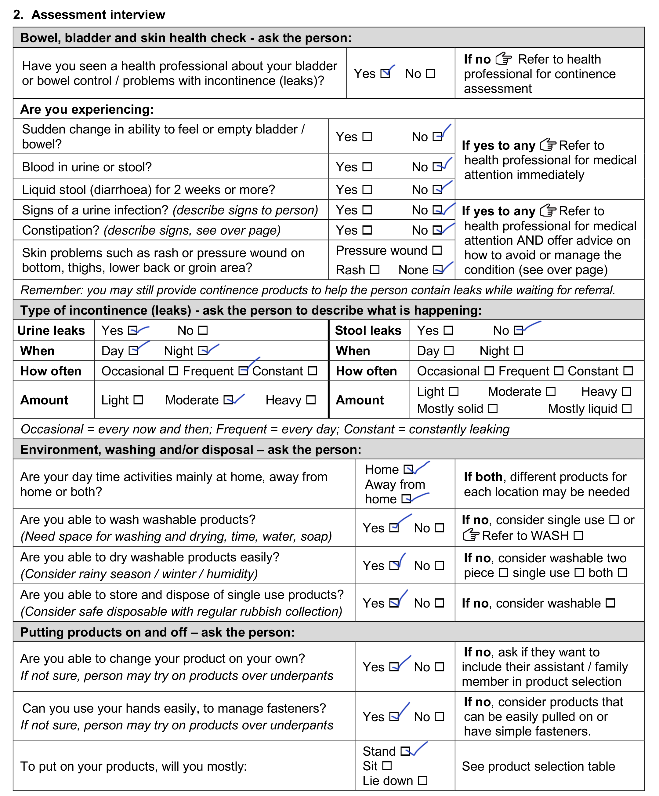 Completed assessment interview part of form showing: Yes: has been referred to health professional. No: to all bladder, bowel, skin health checks. Type of leaks are urine only, day and night, frequent, moderate. Her day activities are both home and away. Yes to washing, drying, disposing. Yes to independently putting on and off, doing up fasteners and standing up.