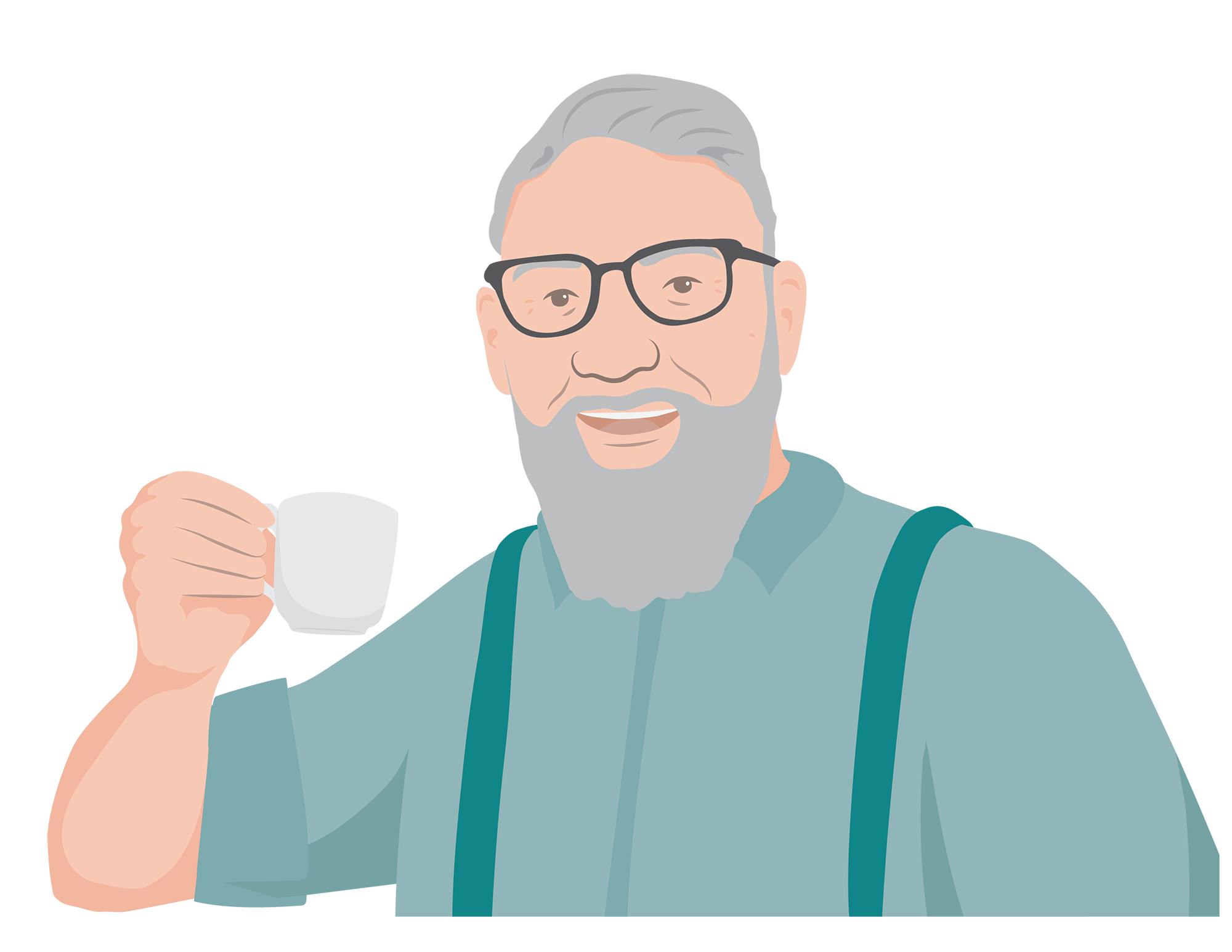 An older man with grey hair and wearing glasses smiles and holds up a cup with a handle.