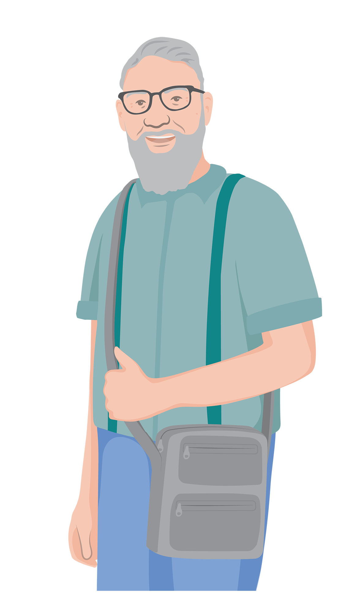 Ben smiling with a small bag carried over his shoulder.