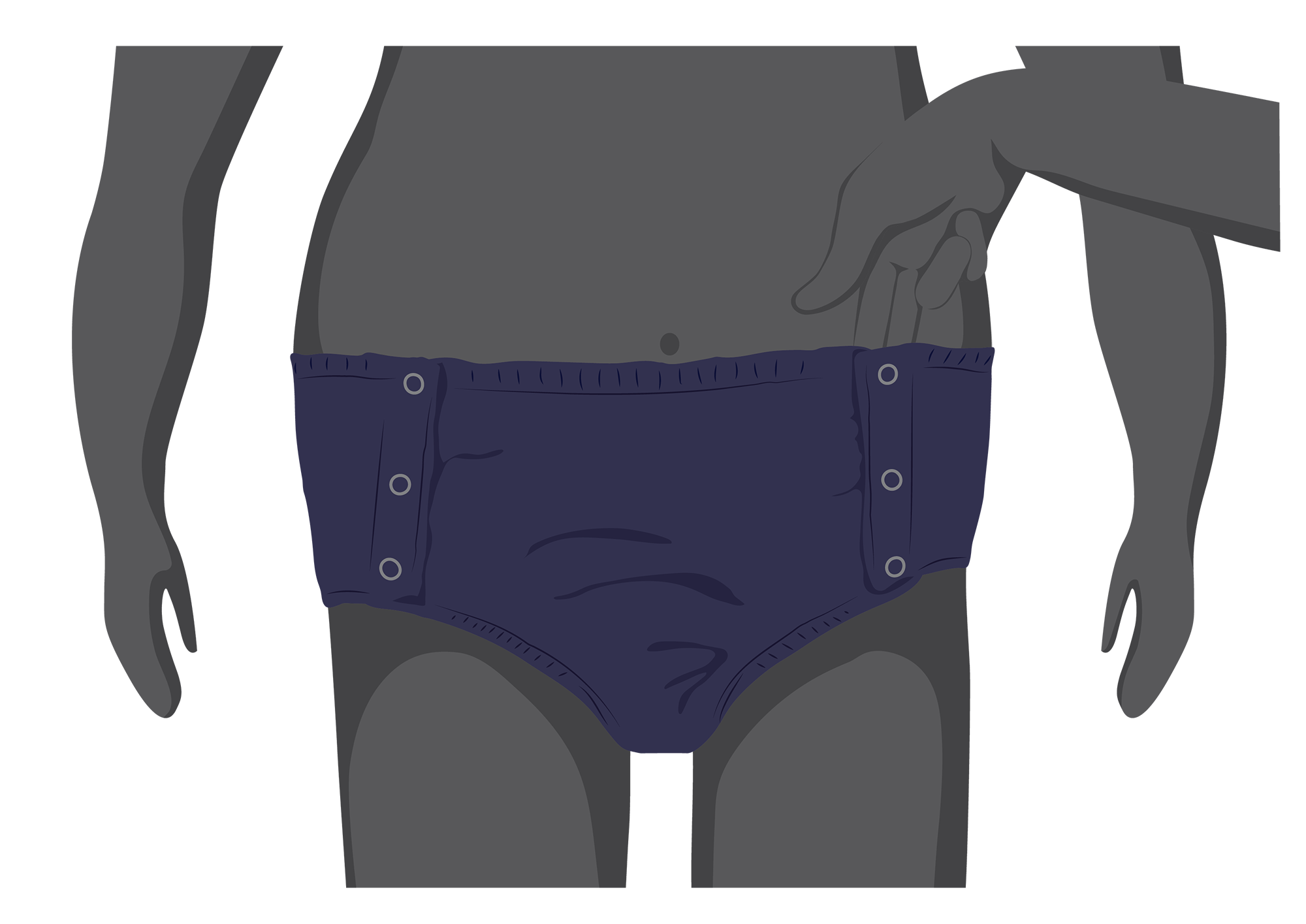 A person fits two fingers between the top of the product and the person’s waist.