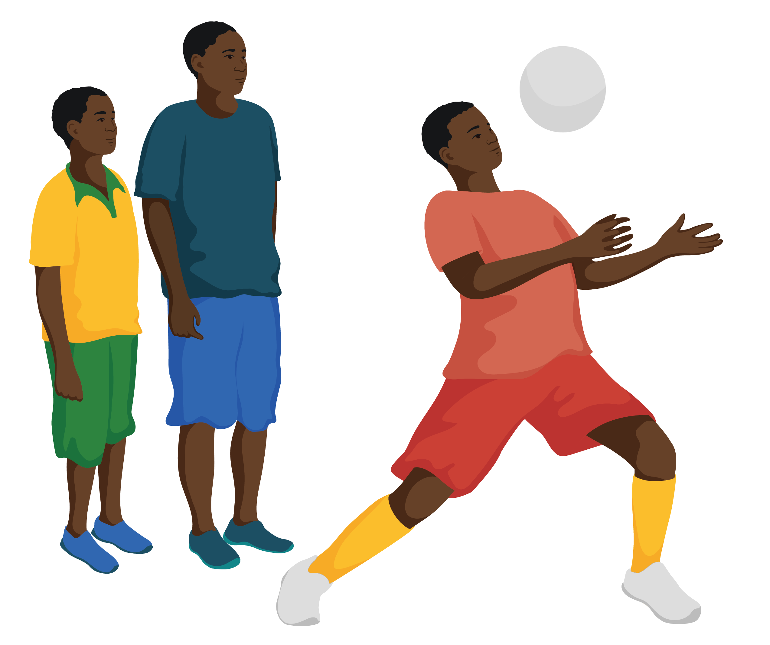A young boy in a sports uniform performs a trick with a football while his two friends watch from behind him.