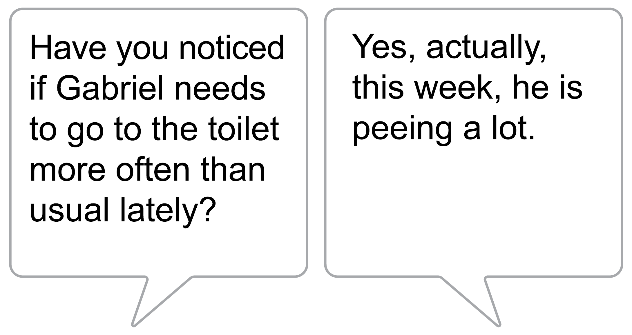 Health worker says “Have you noticed if Gabriel needs to go to the toilet more often than usual lately?” Gabriel’s mother says “Yes, actually, this week he is peeing a lot.”