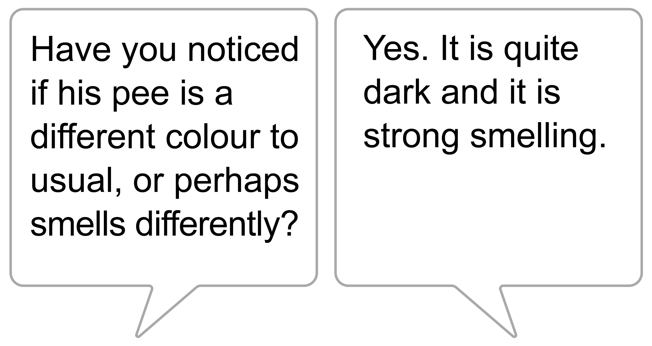 Health worker says “Have you noticed if his pee is a different colour to usual, or perhaps smells differently?” Gabriel’s mother says “Yes, it is quite dark and it is strong smelling.”