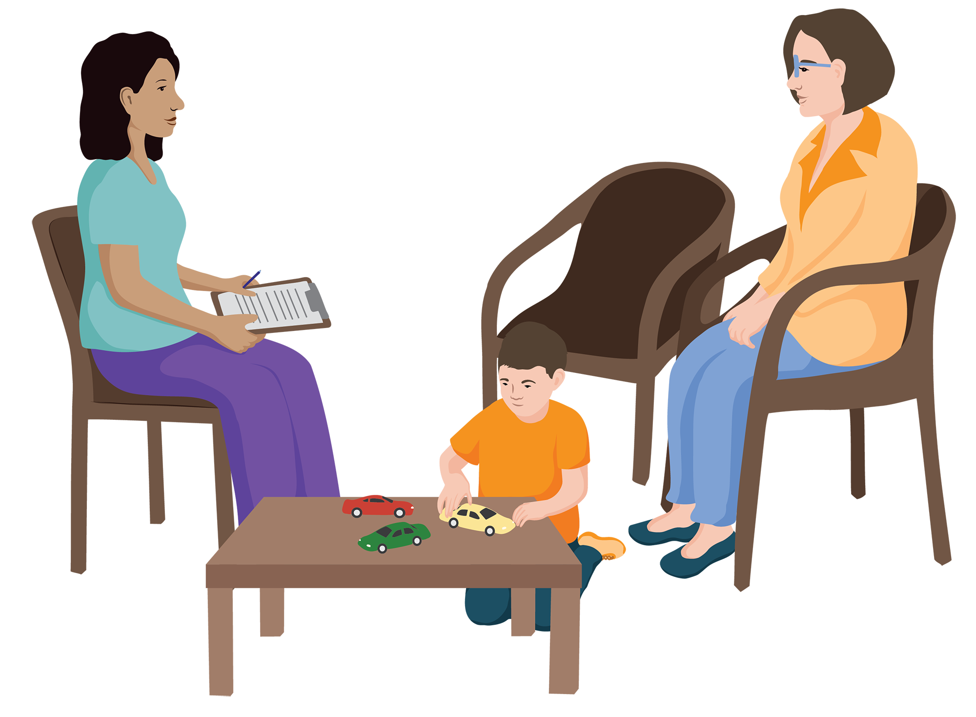 Gabriel plays with cars. Behind him his mother and a health worker sit in chairs facing each other, talking.