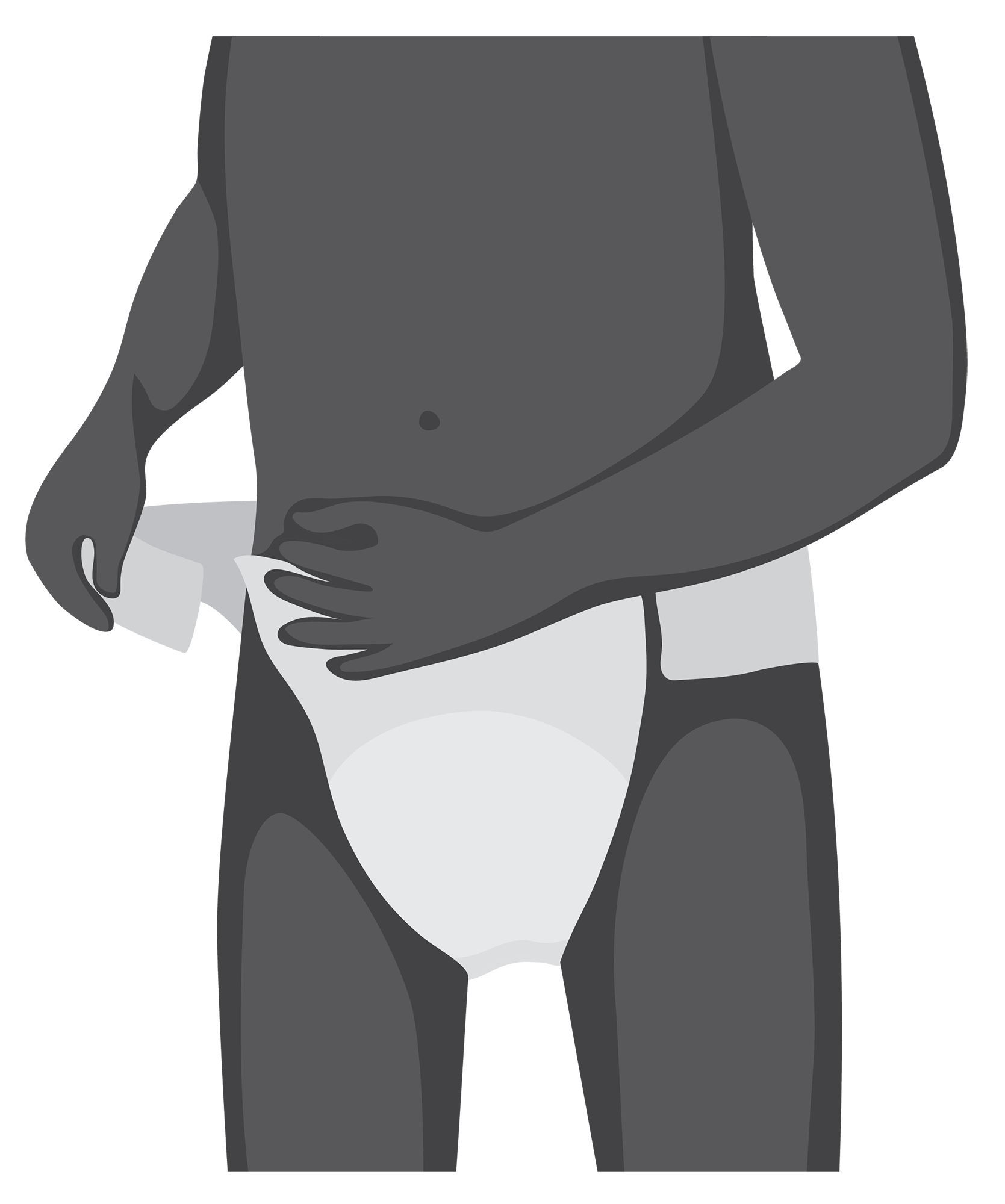 Person holds front section of belted pad with one hand and gently pulls side fastening of belted pad for close fit around hips and thighs.