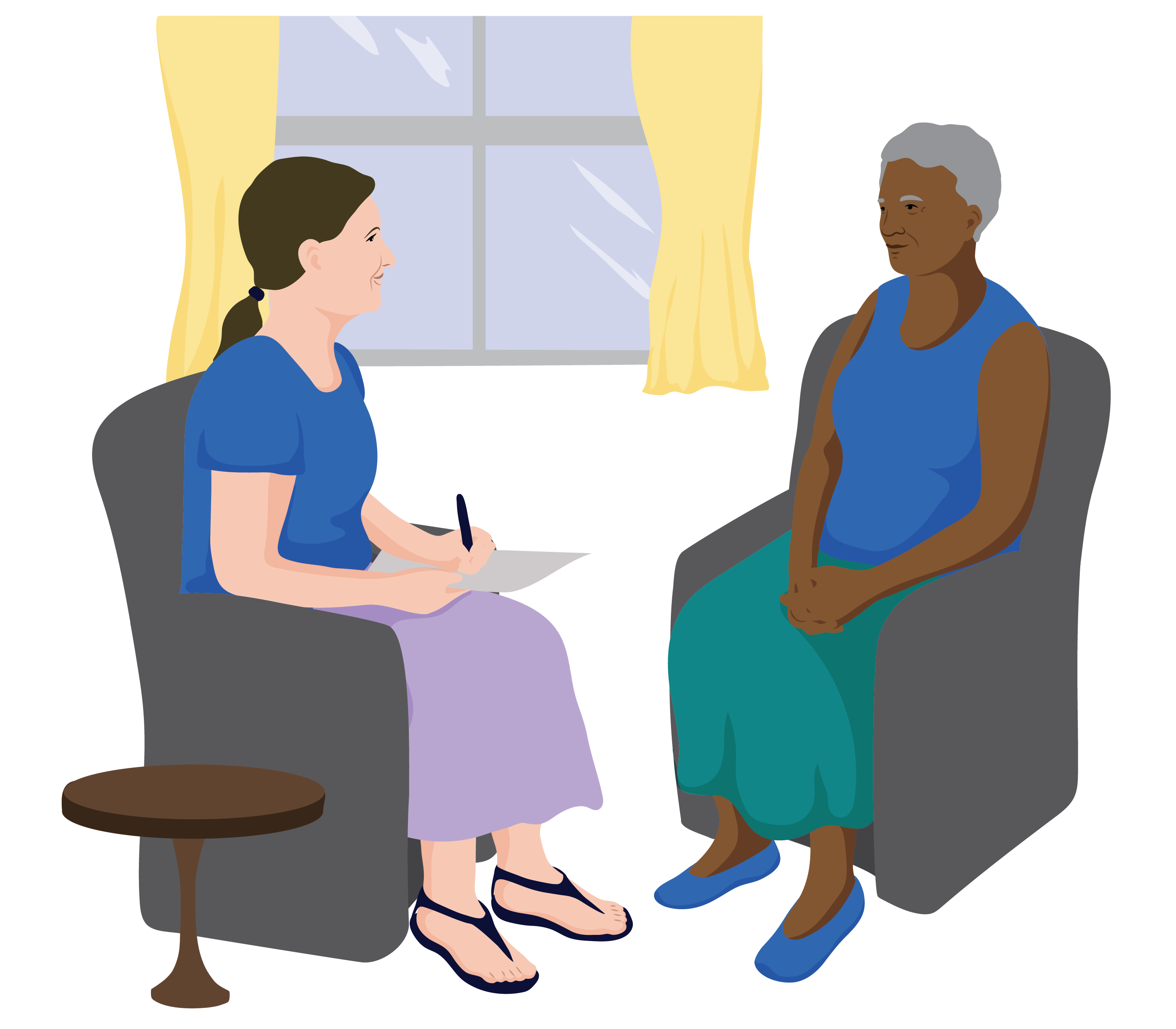 Marina and a female health worker sit opposite each other in comfortable chairs talking.