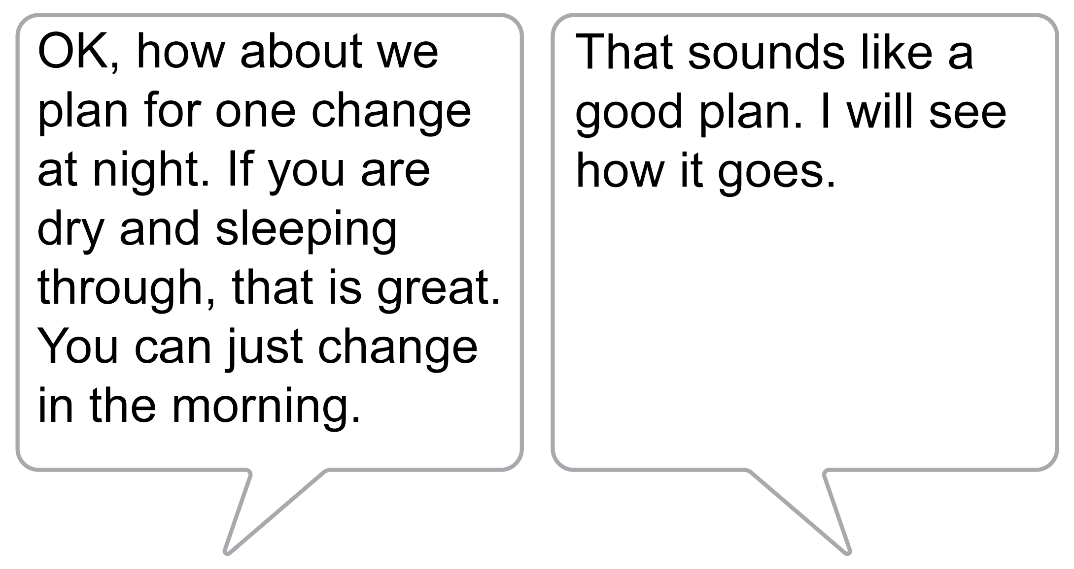 Health worker says “OK, how about we plan for one change at night. If you are dry and sleeping through, that is great. You can just change in the morning.” Marina replies “That sounds like a good plan. I will see how it goes.”