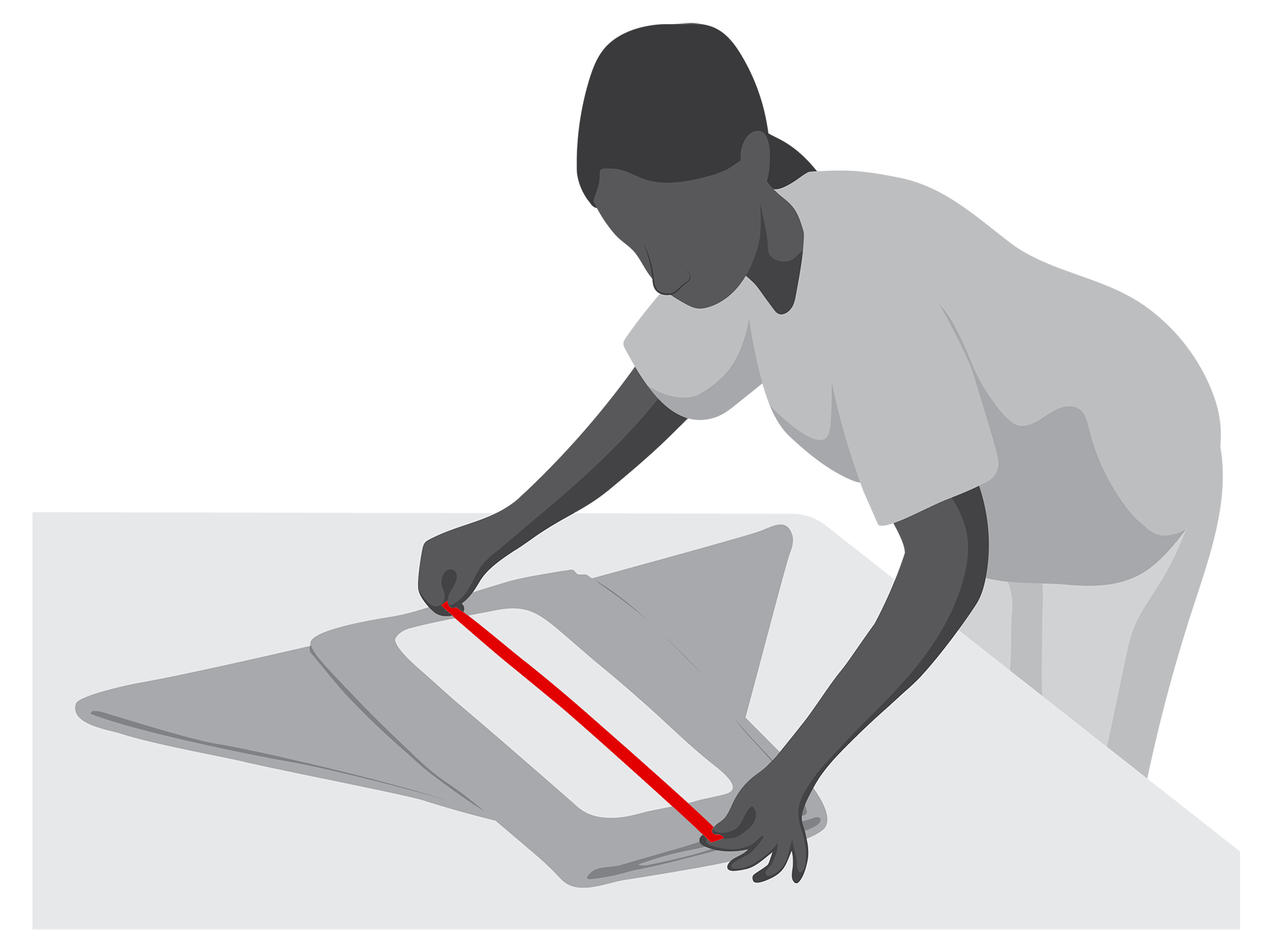 A health worker holds a tape measure against the top and bottom of the folded terry square and checks the measurement is the same as measure C - front to back.