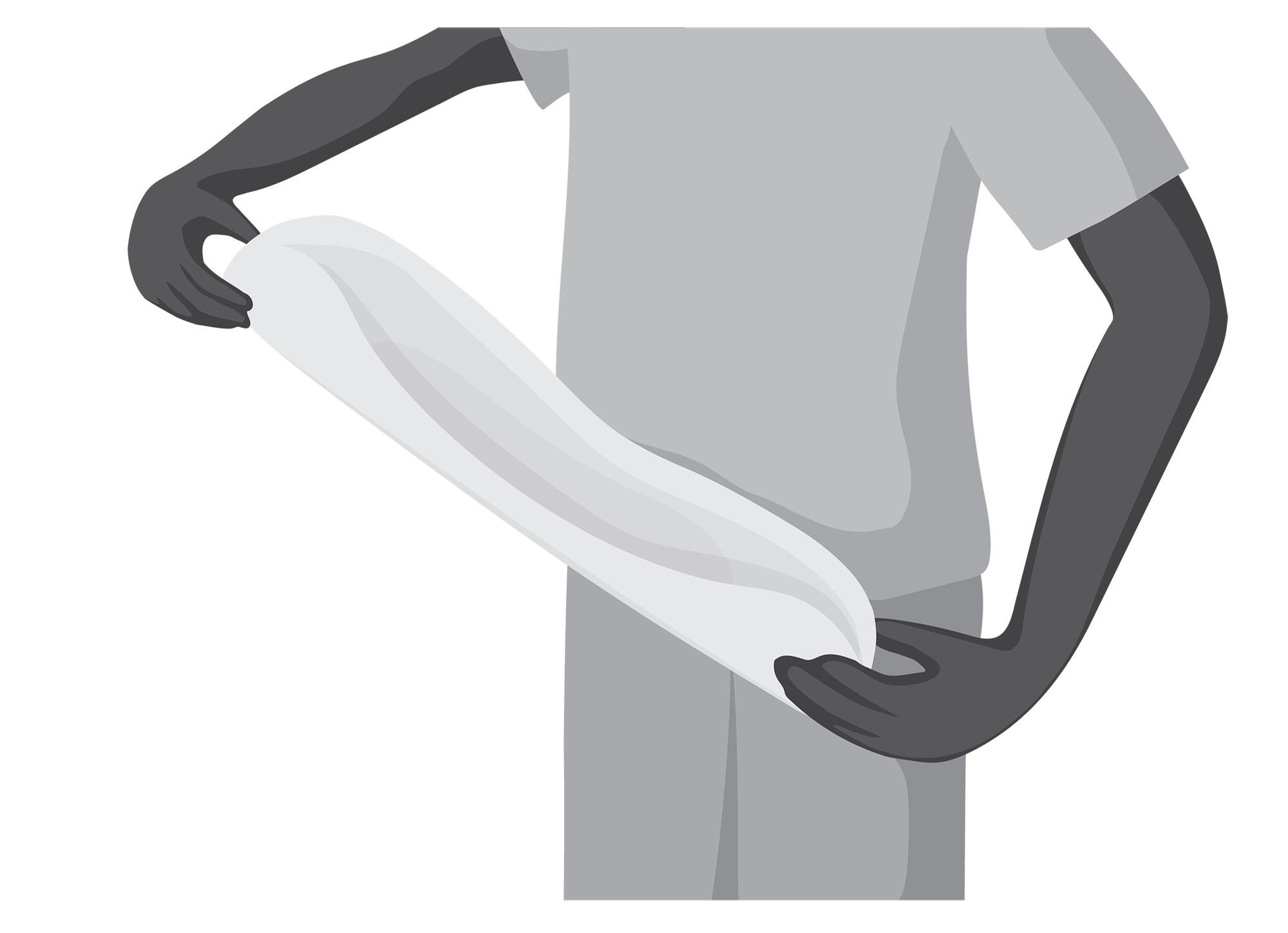 A single use product is folded in half in the centre and held at each end. The person is gently stretches the product at each end.