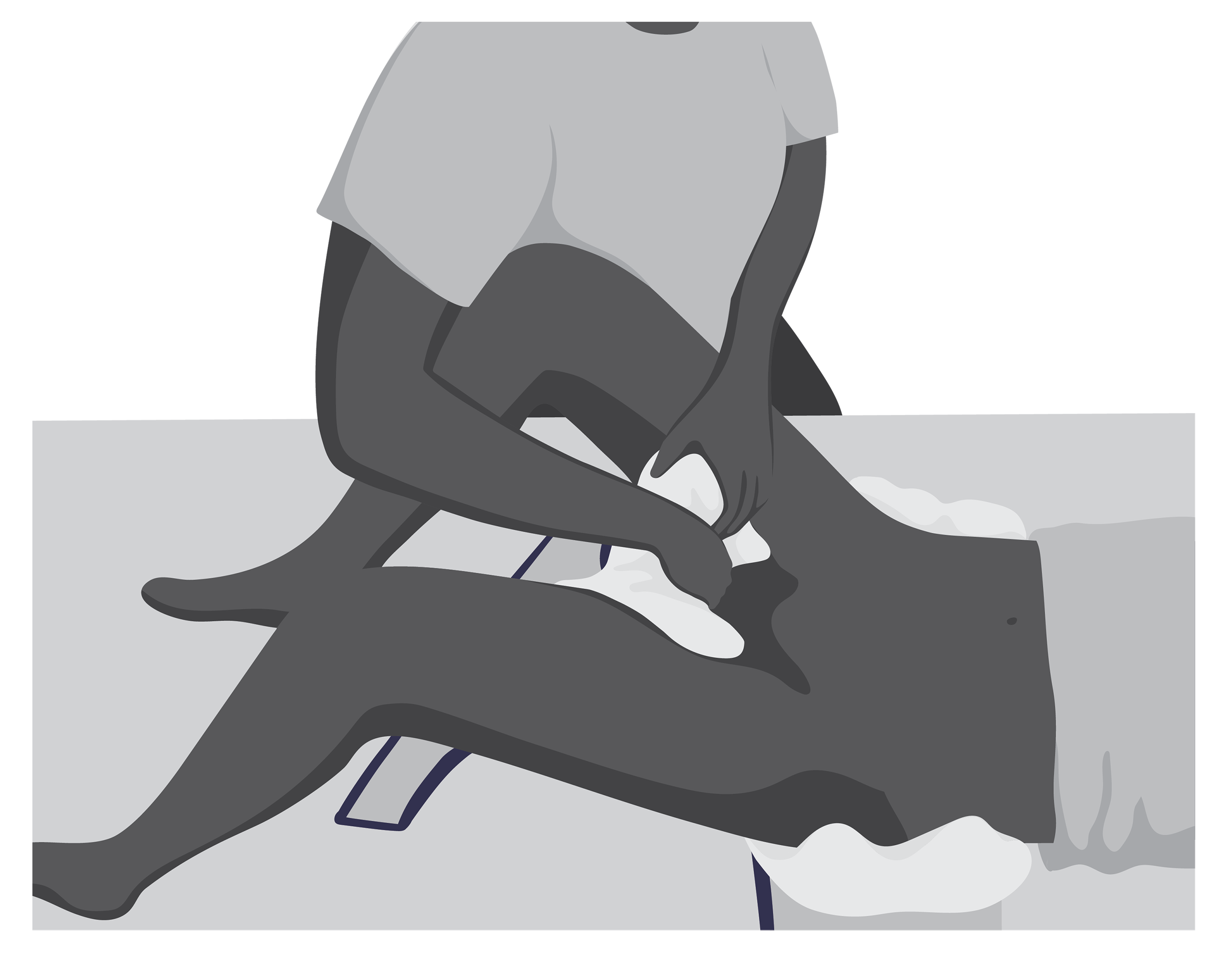 Person lies on their back with knees bent while health worker opens up waterproof layer and rolls up edges and front of absorbent layer.