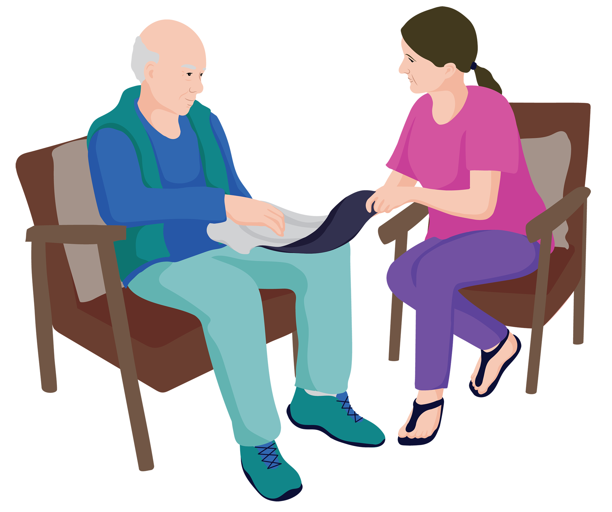 Health worker and older man sitting next to each other and holding on to an absorbent product while discussing the features.
