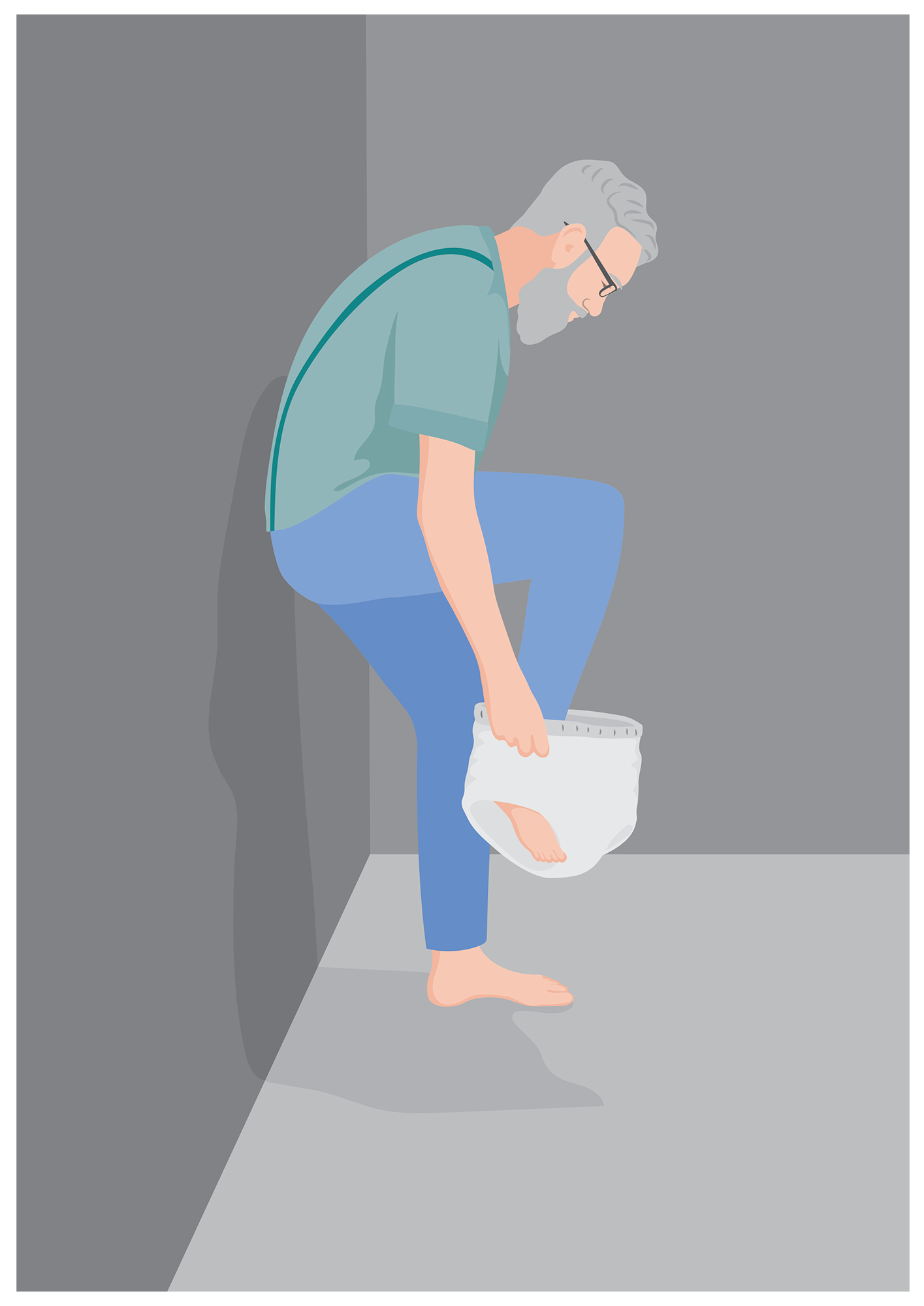 Ben is trying on a single use pull on pad over this clothes. He lifts his foot while leaning his bottom against the wall for balance.