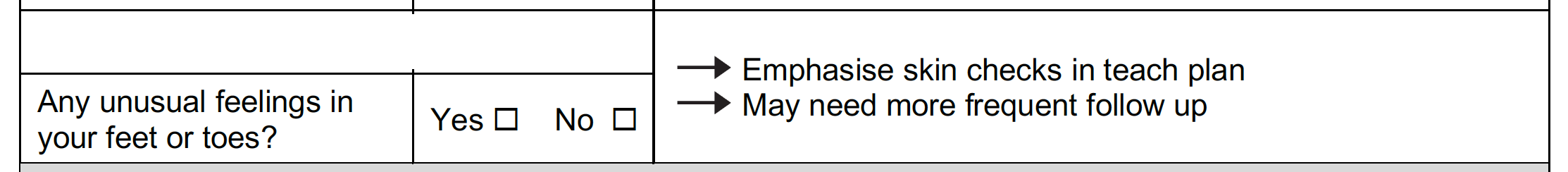 Unusual feelings in feet or toes part of assessment form