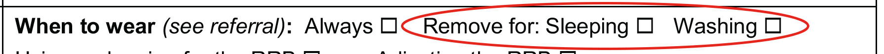 When to wear part of assessment form with ‘sleeping’ and ‘washing’ circled