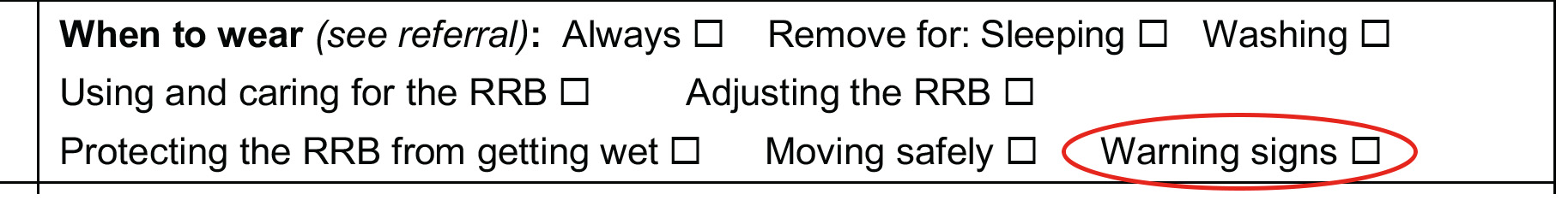 Teach part of assessment form with ‘Warning signs’ circled