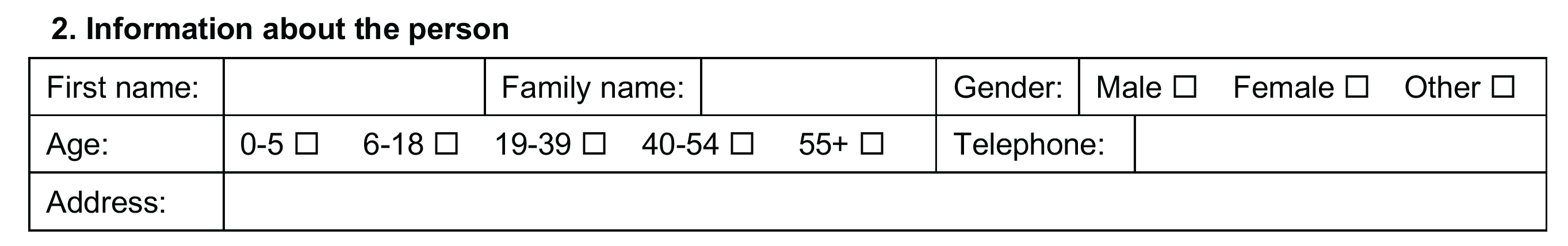 Information about the person section of the assessment form