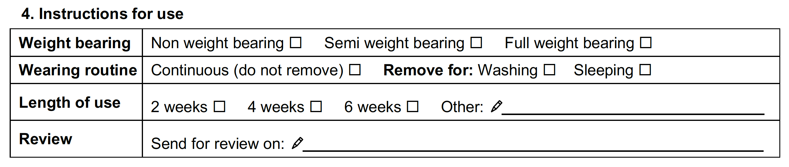 Instructions for use section of form