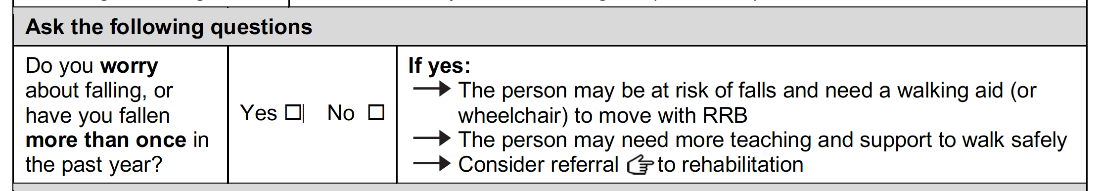 Risk of falling part of the assessment form