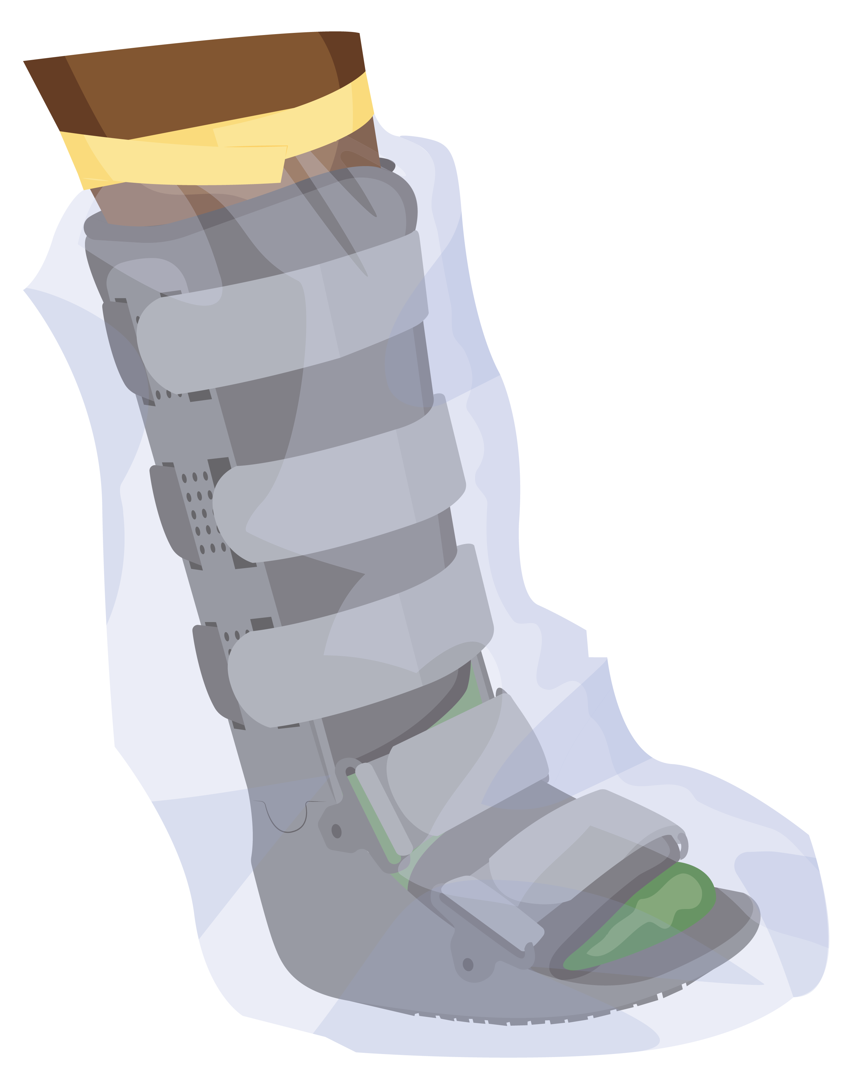 Rigid removable boot covered with plastic bag and taped at the top around the leg