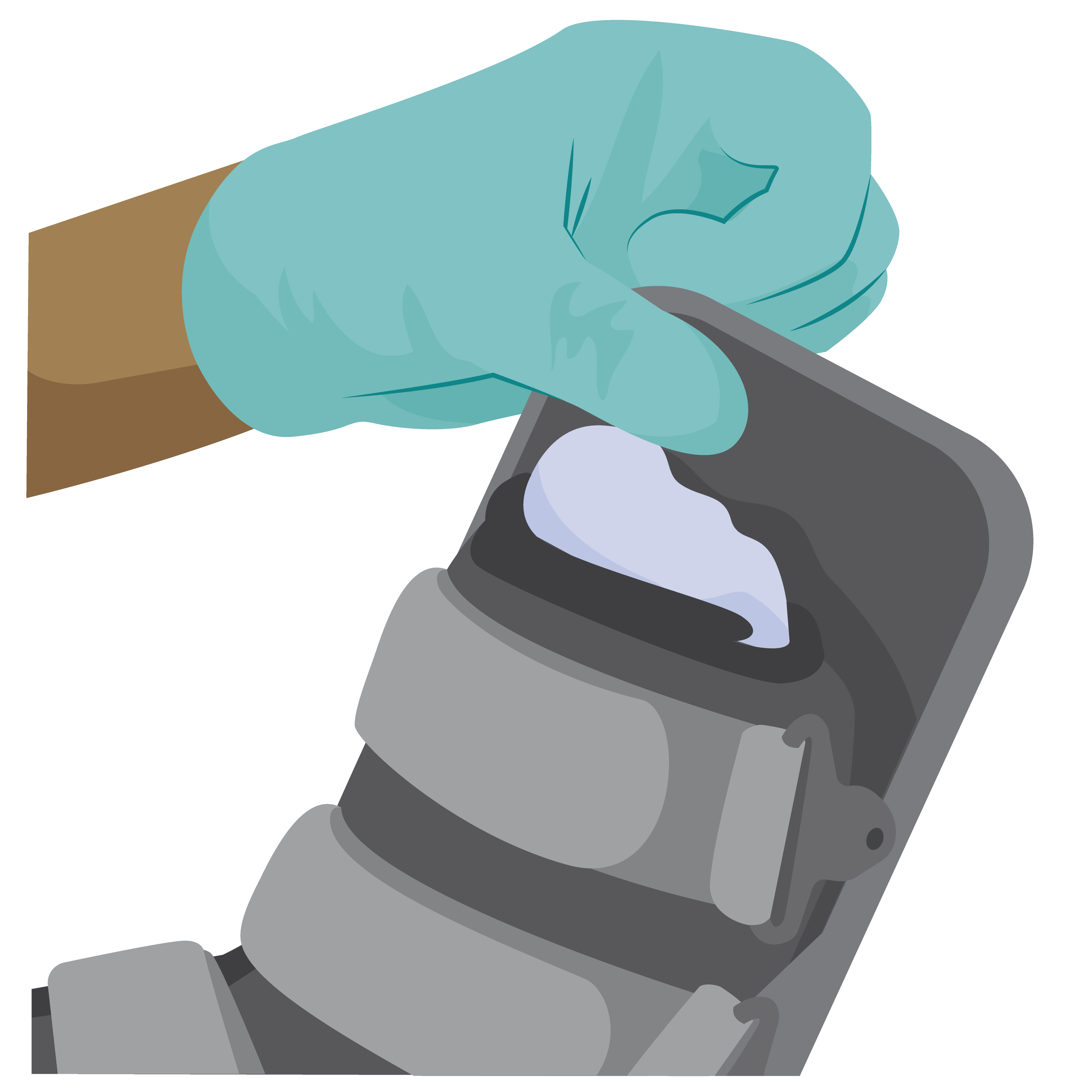 Health worker holding thumb on top of rigid removable boot between person’s toes and the end of the boot