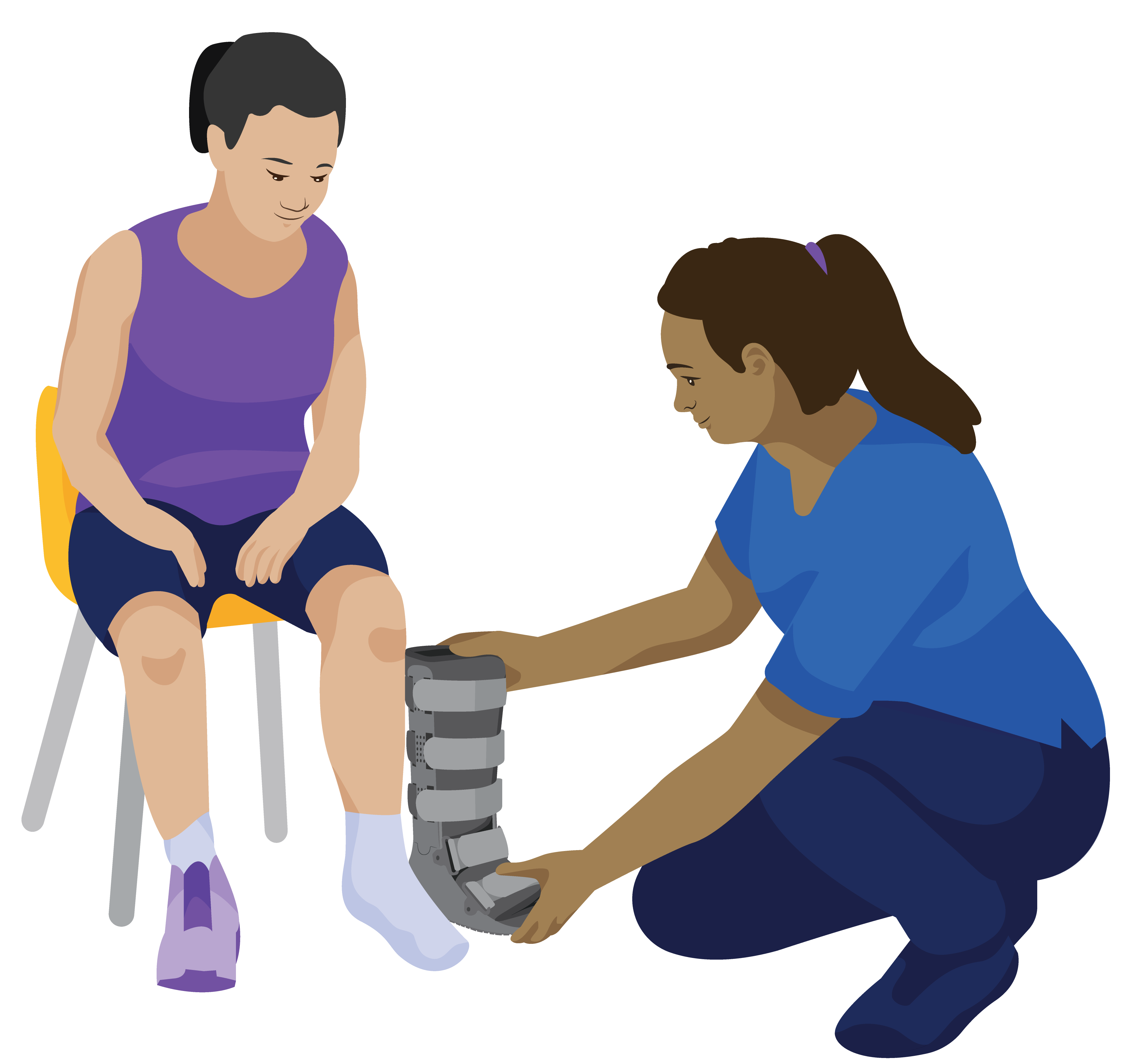Wei sitting down while a health worker measures the size of a rigid removable boot against her leg