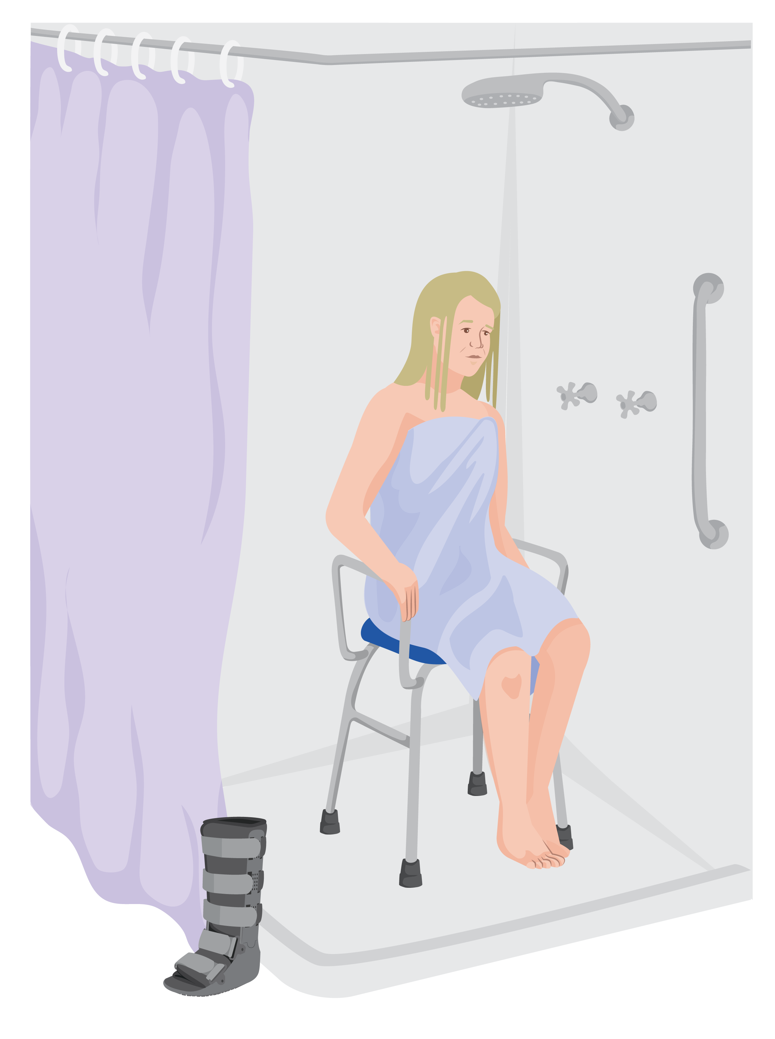 Jess wearing a towel and sitting on a shower stool in a shower. Her rigid removeable boot is nearby
